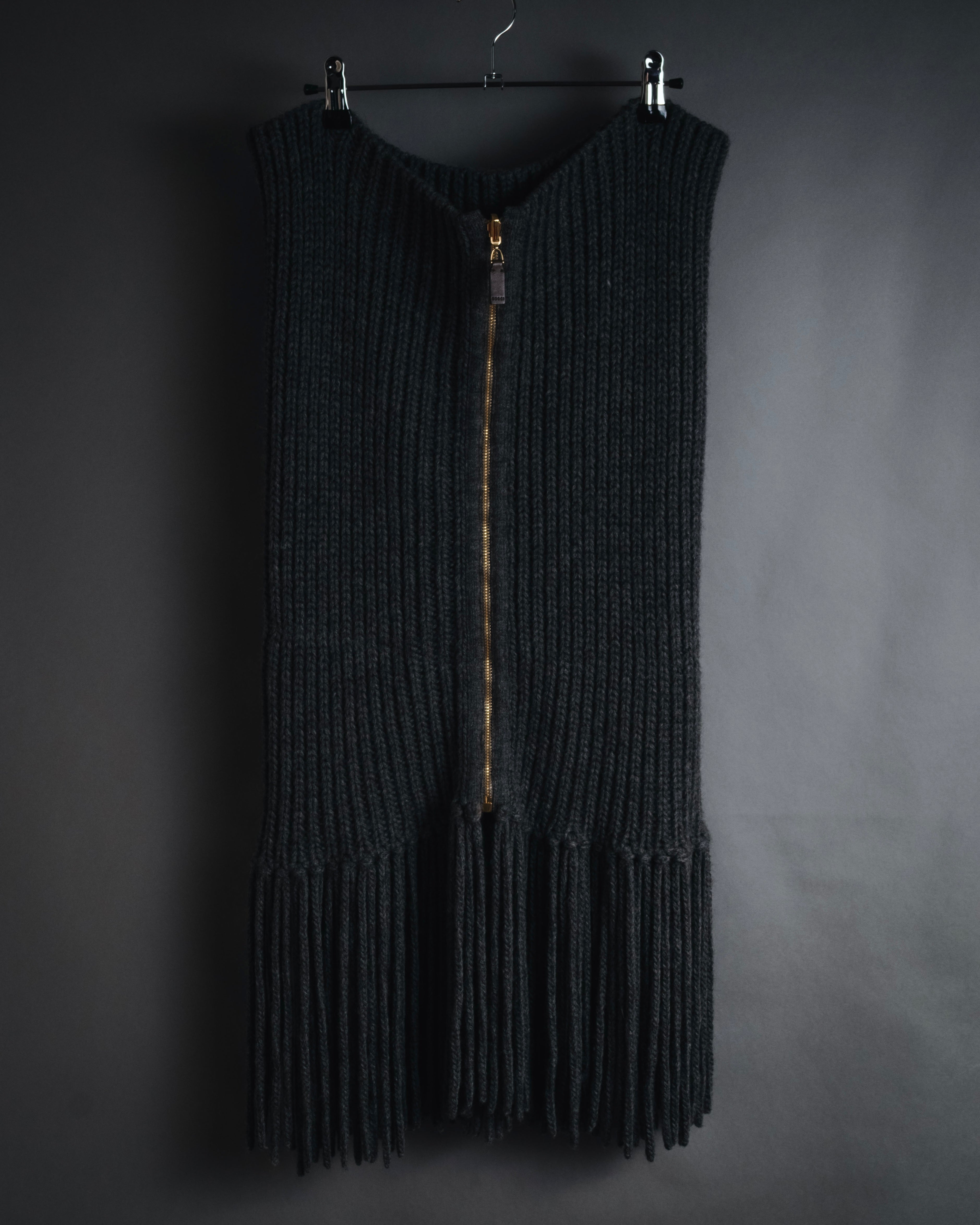 "GUCCI" 2010-11AW ribbed zip-front fringe knit vest