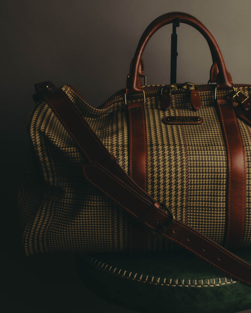 "Polo Ralph Lauren" 80's-90's Houndstooth leather trim travel bag