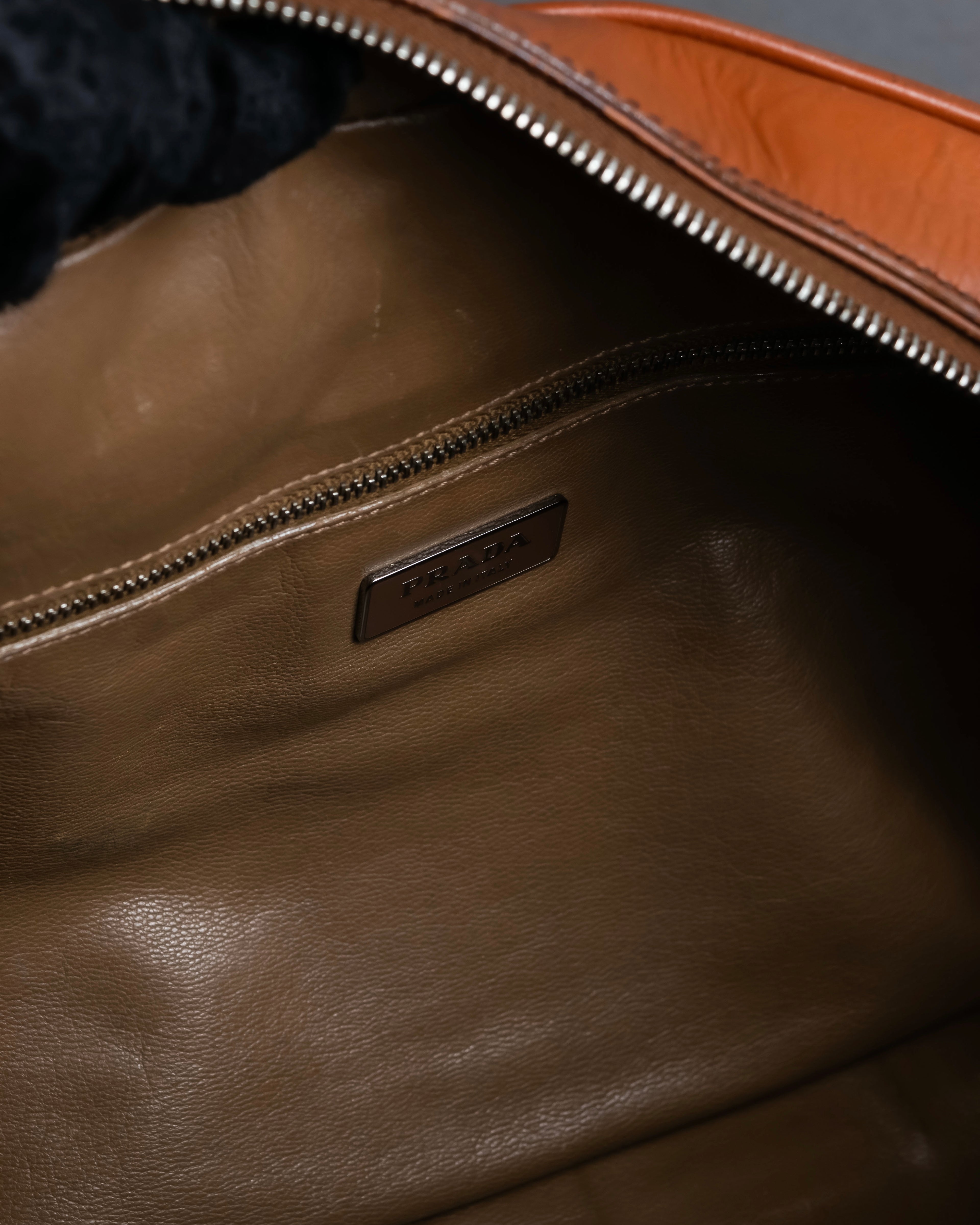 "PRADA" Belt flap detail rounded boston leather bag