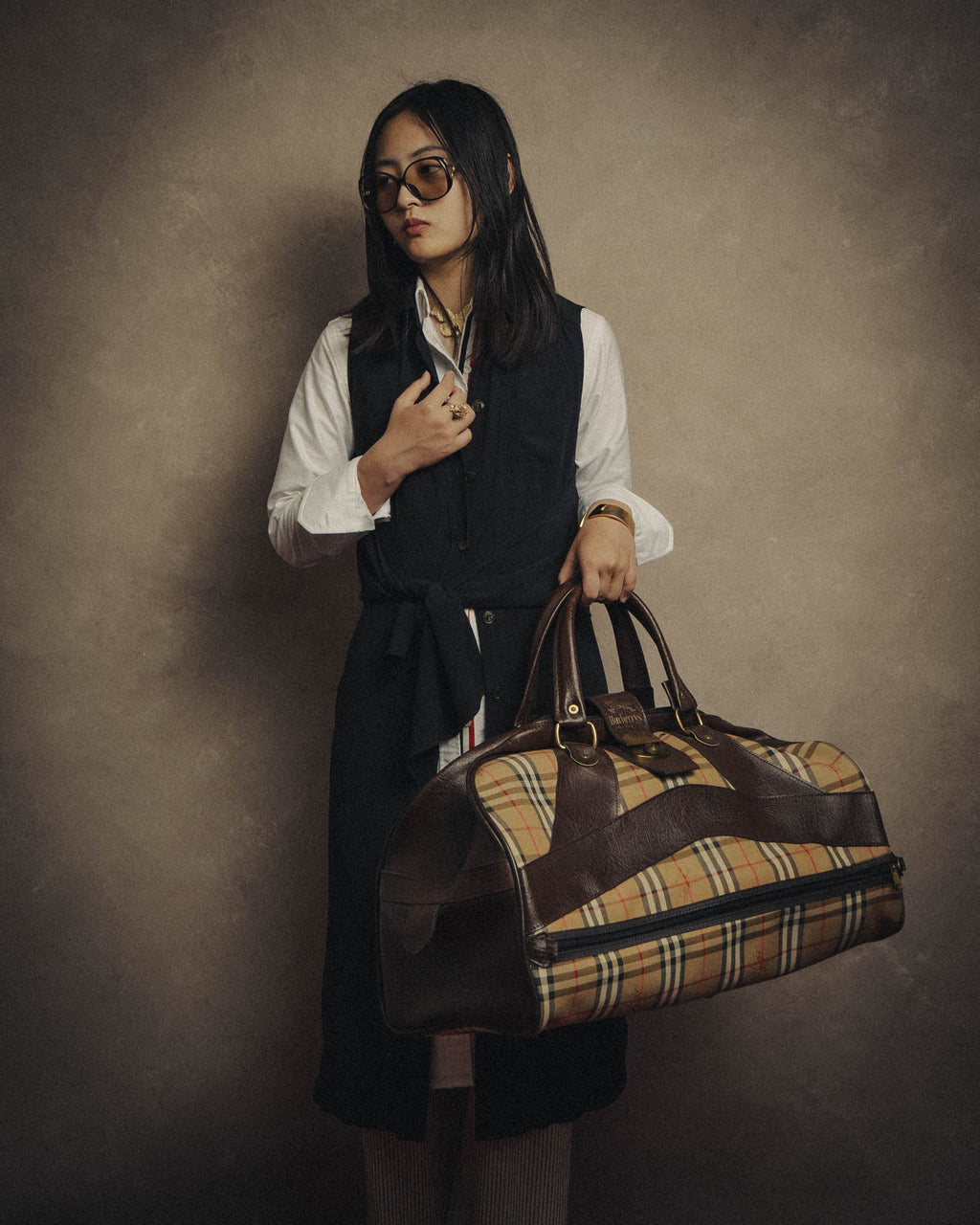 -SPECIAL- "Burberrys" 80's-90's Classic check textured leather boston bag