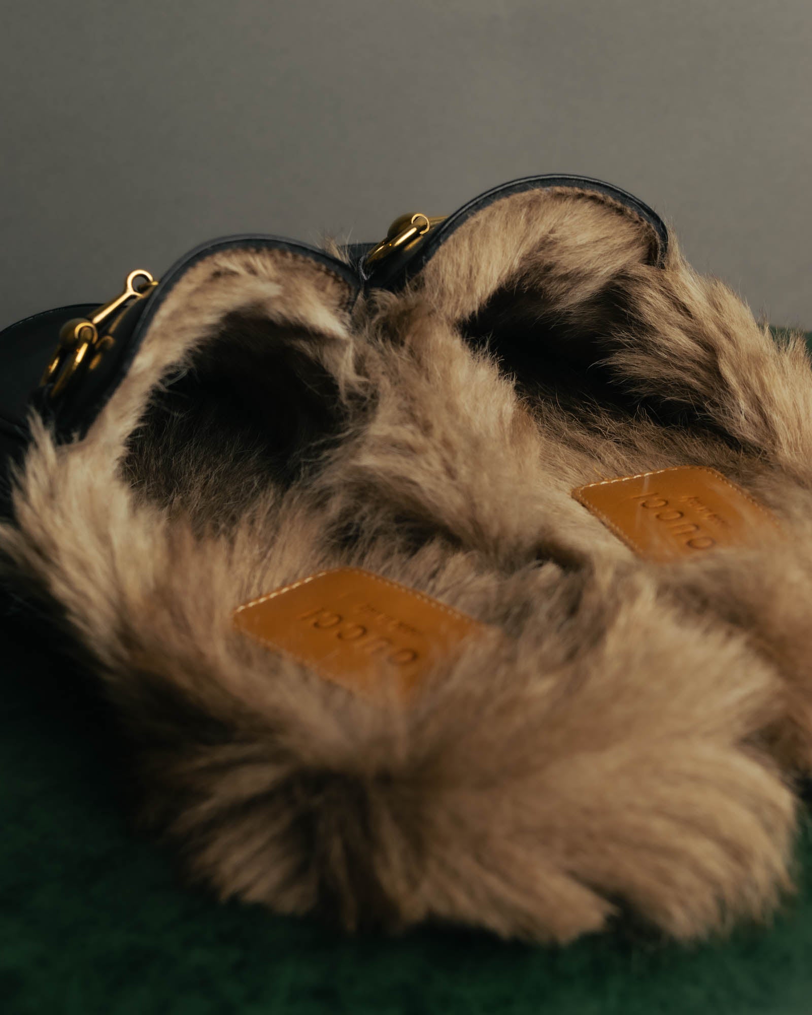 "GUCCI" Fur lined horsebit backless loafer
