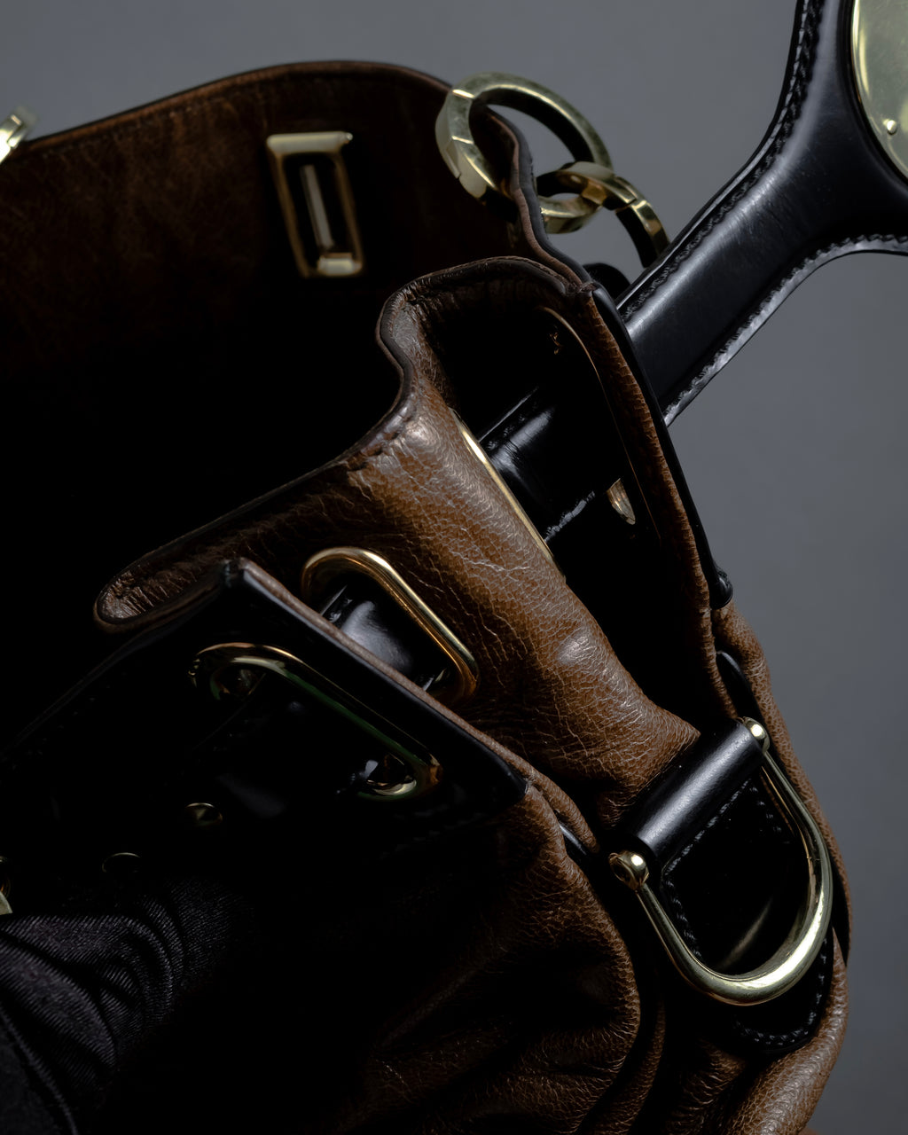 "BALENCIAGA" Gold turn lock design leather combination bag