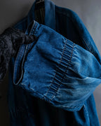 "Vintage gathered sleeve design denim long coat"