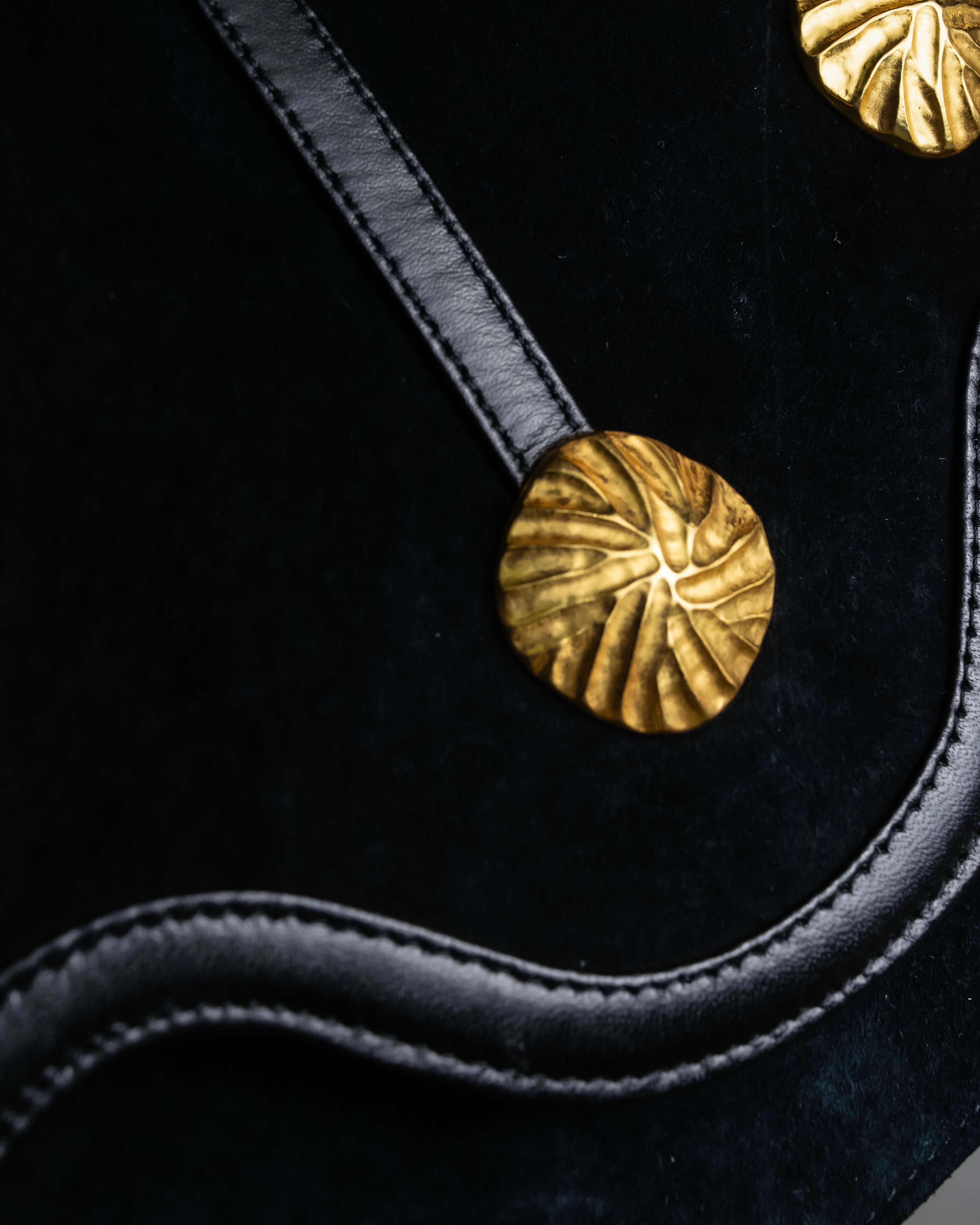 "YVES SAINT LAURENT" Gold medallion motif design suede leather shoulder bag