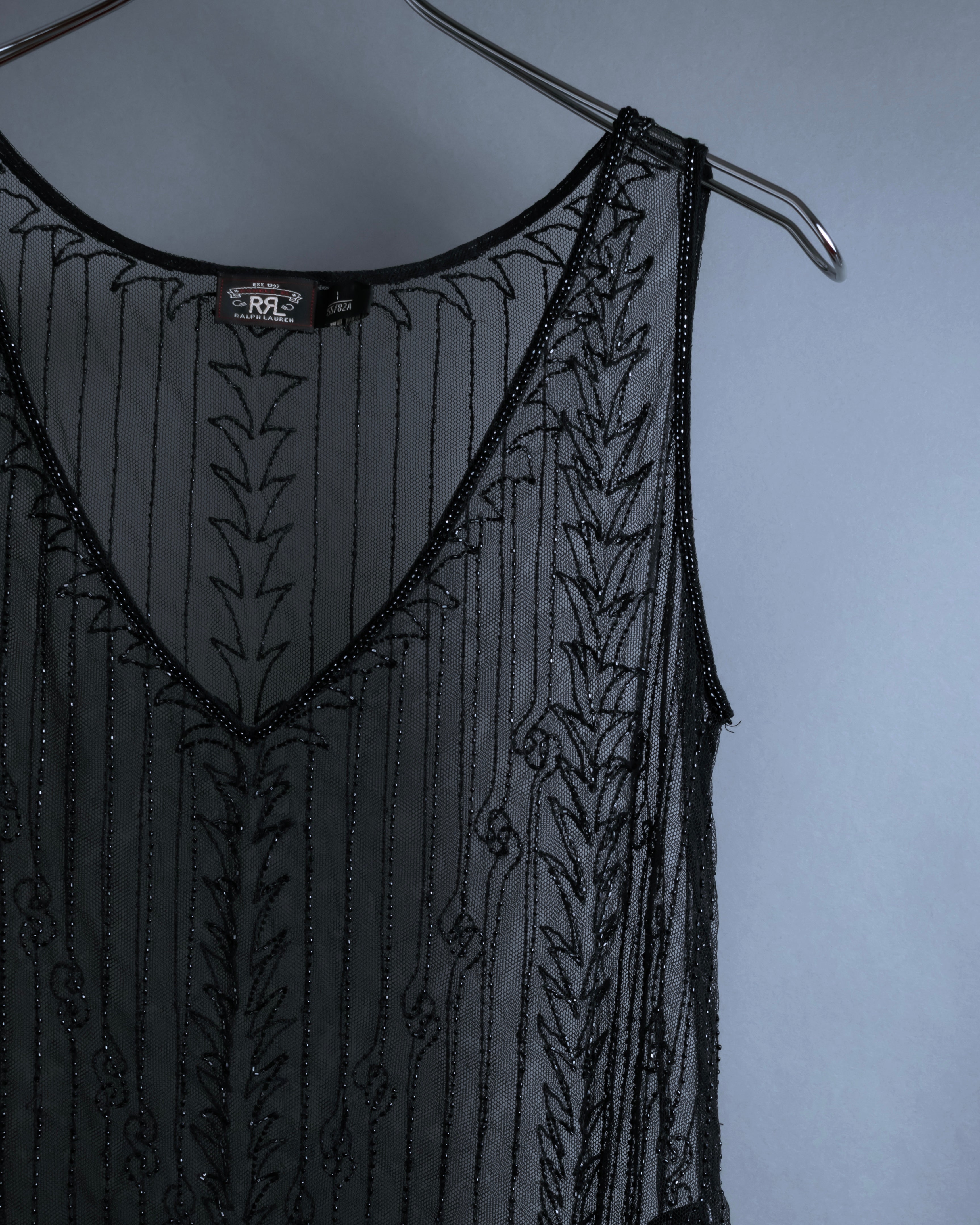 "RRL Ralph Lauren" Sequined beaded plant motif tulle sleeveless dress