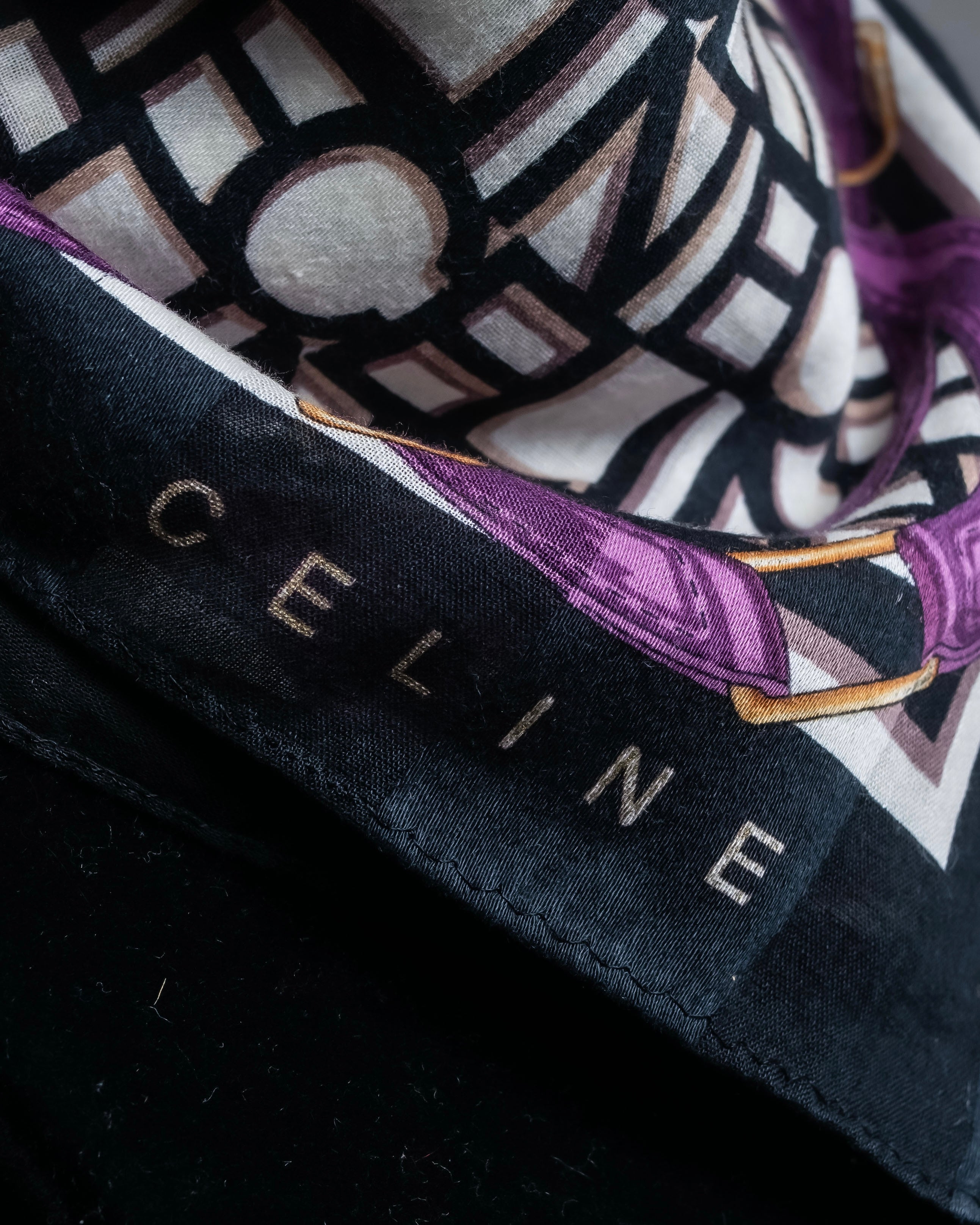 "CELINE" Belt motif pattern purple color silk scarf