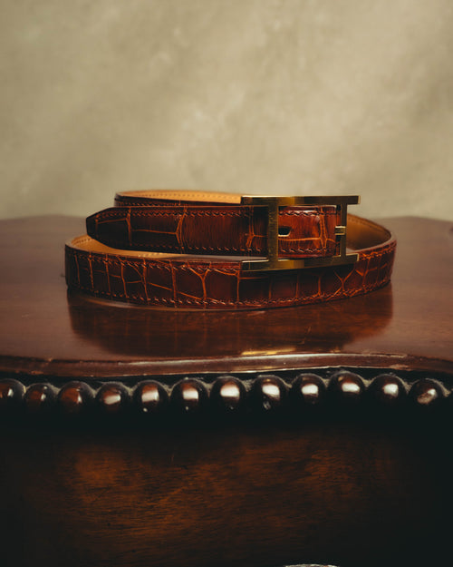 "Hermès" 90's-00's Glossy alligator H-buckle belt