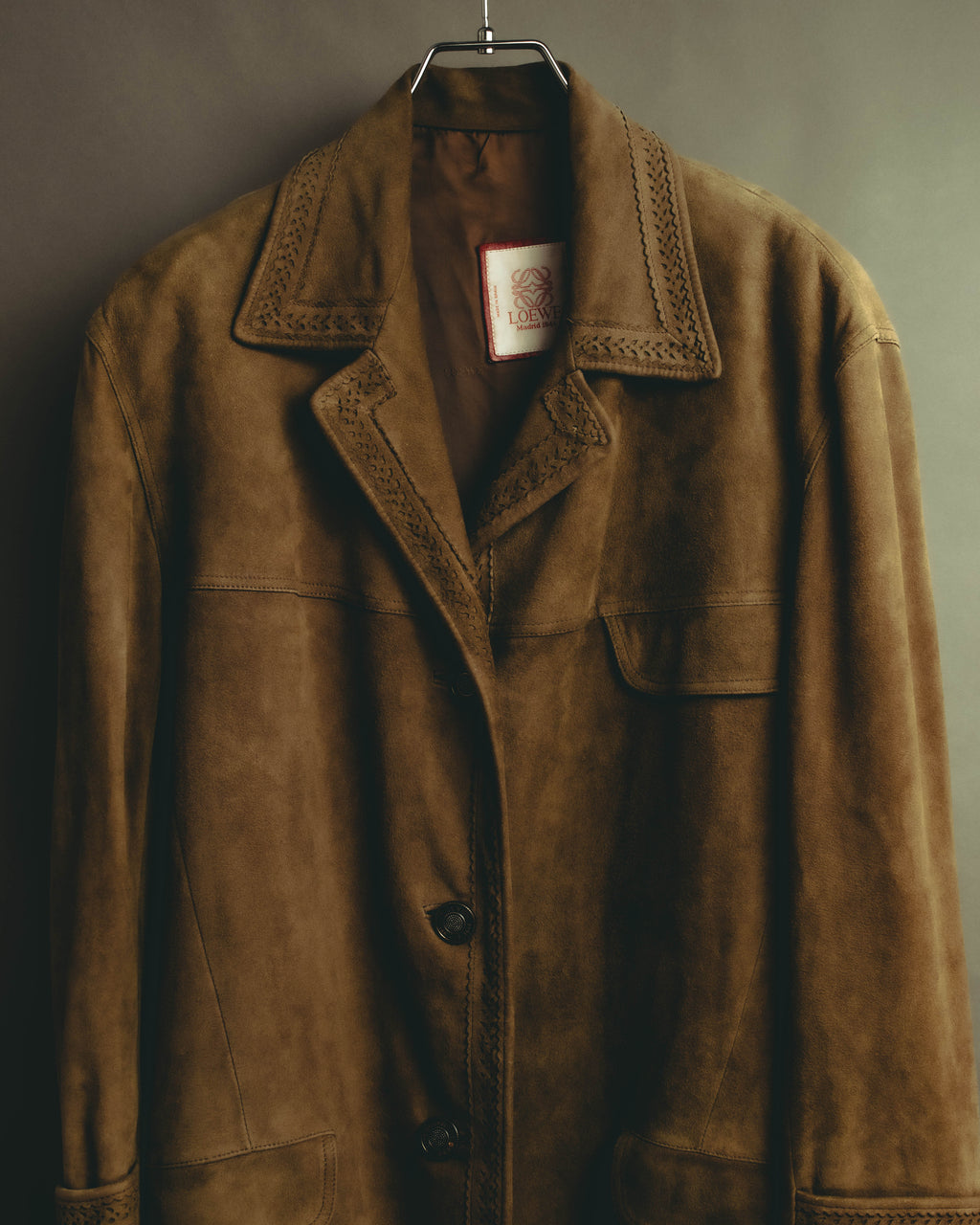 -SPECIAL- “LOEWE” 70’s-80’s Perforated trim suede long jacket