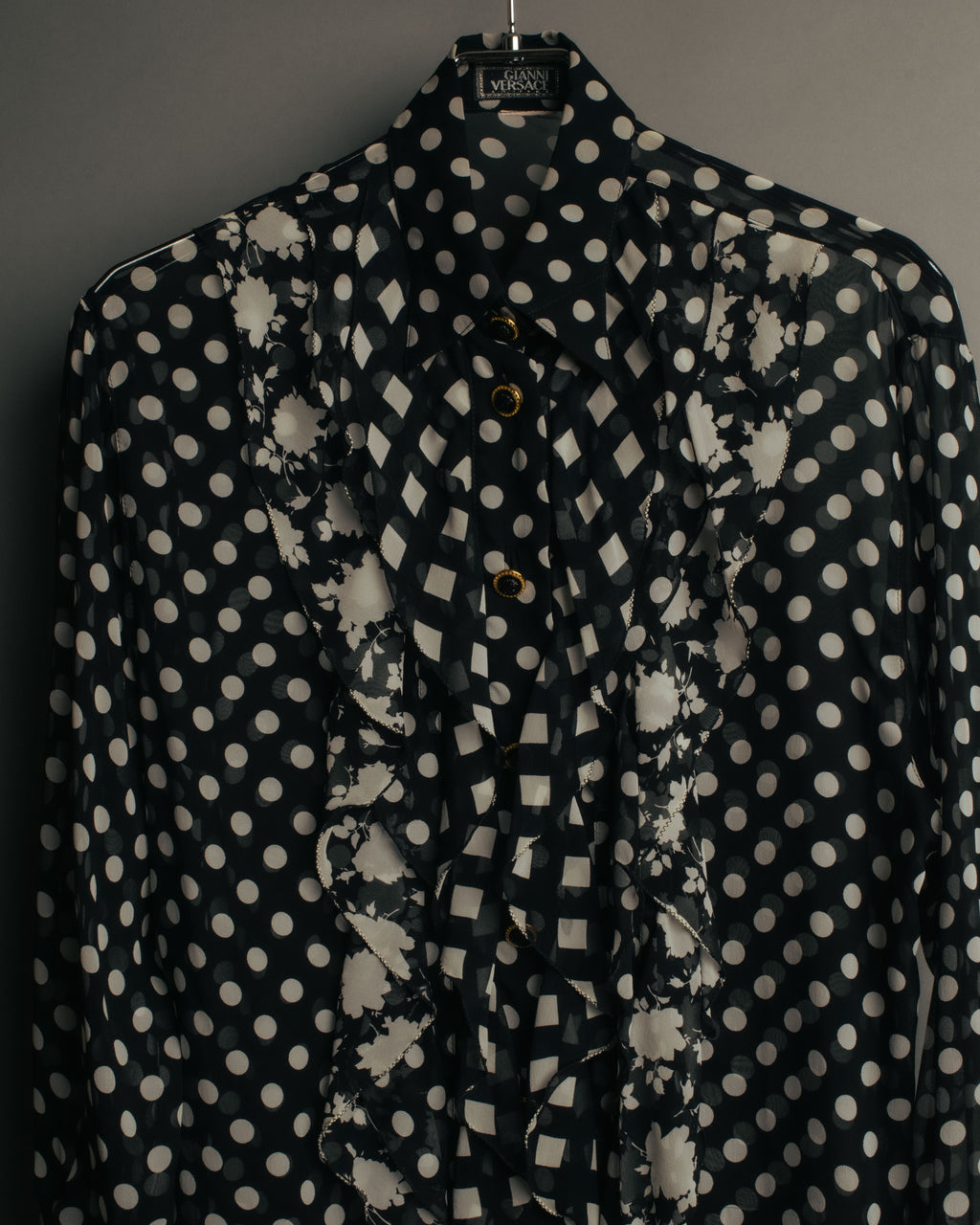 “GIANNI VERSACE COUTURE” 90’s Sheer mixed pattern ruffle blouse
