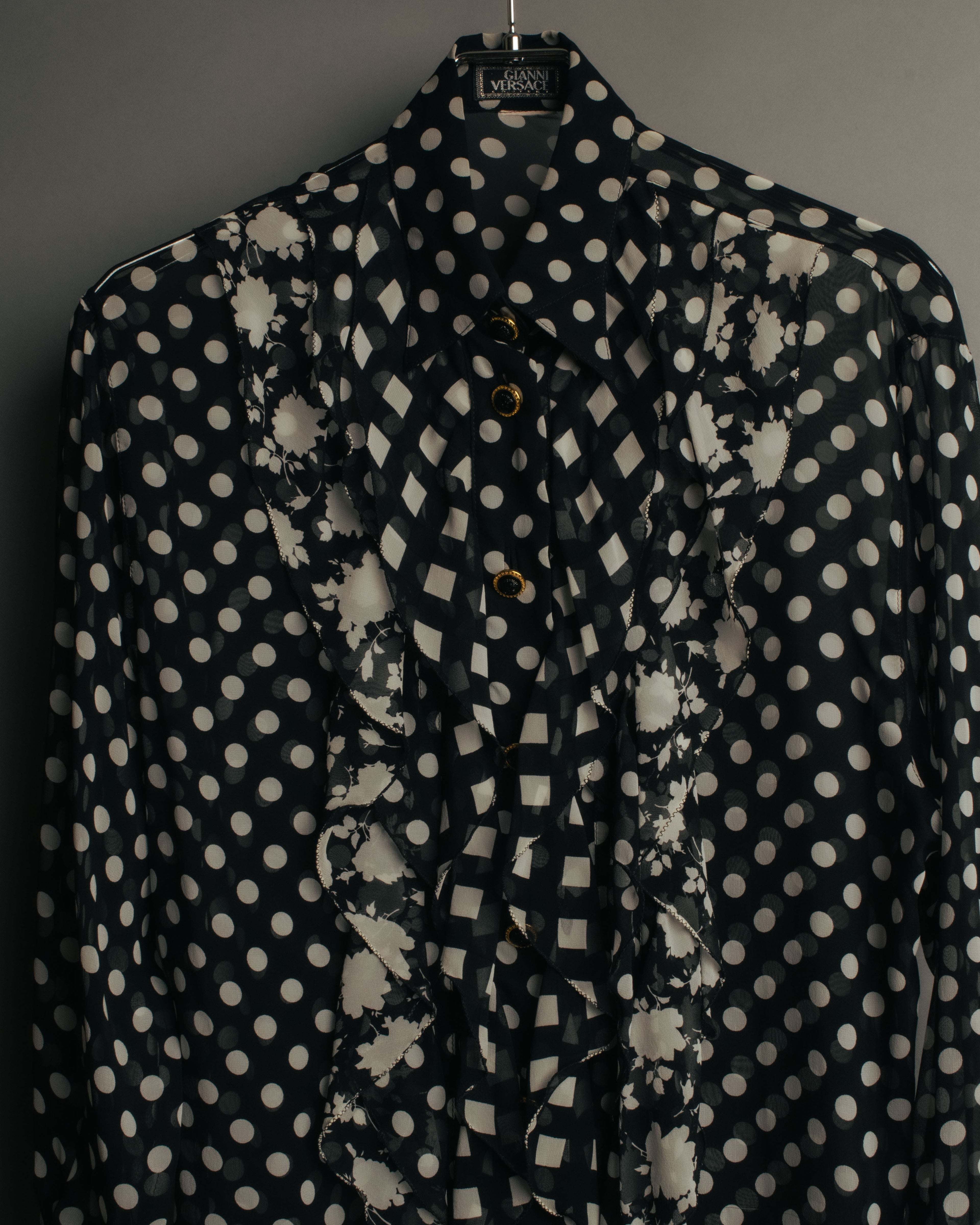“GIANNI VERSACE COUTURE” 90’s Sheer mixed pattern ruffle blouse