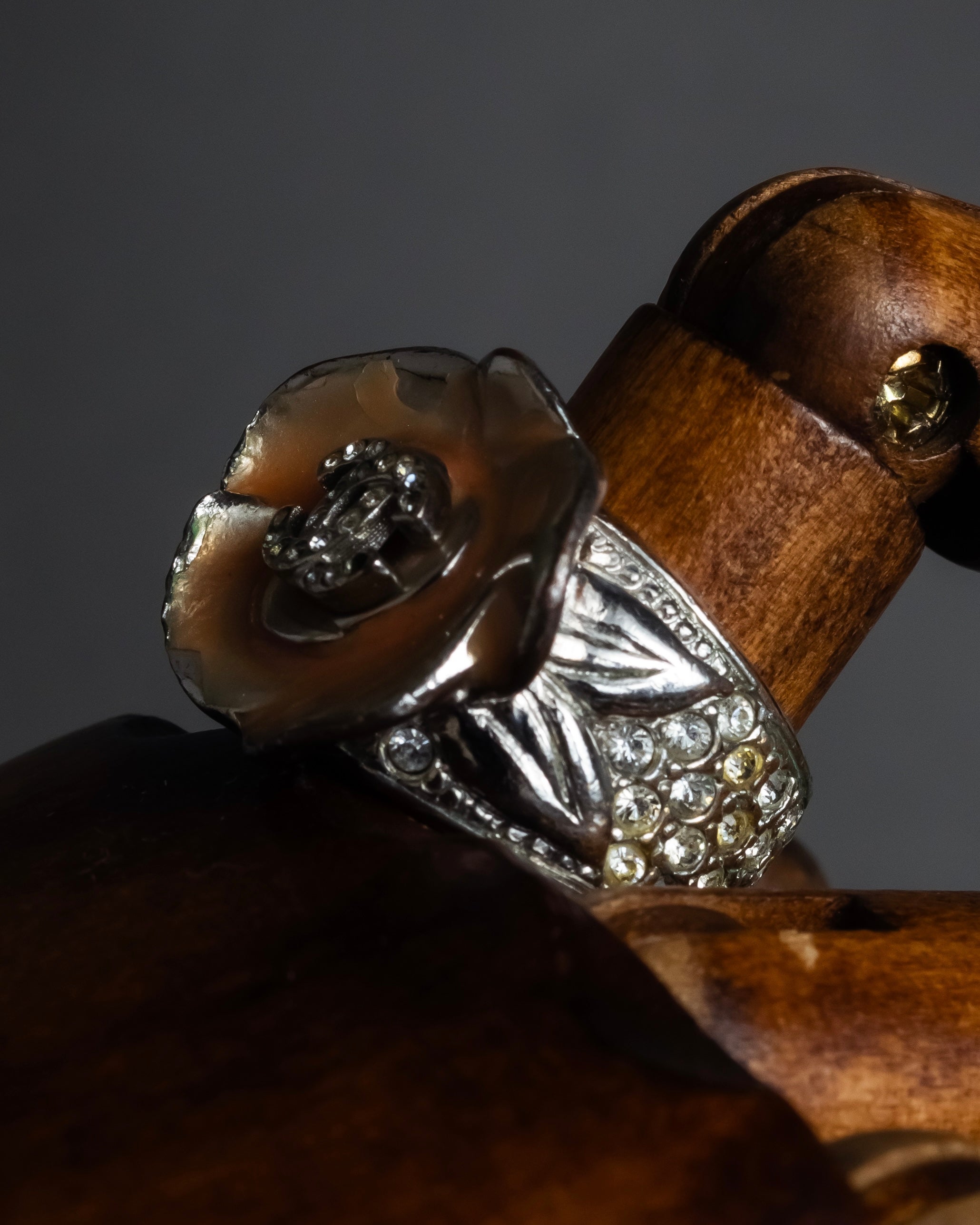 "CHANEL" Camellia motif rhinestone logo design ring