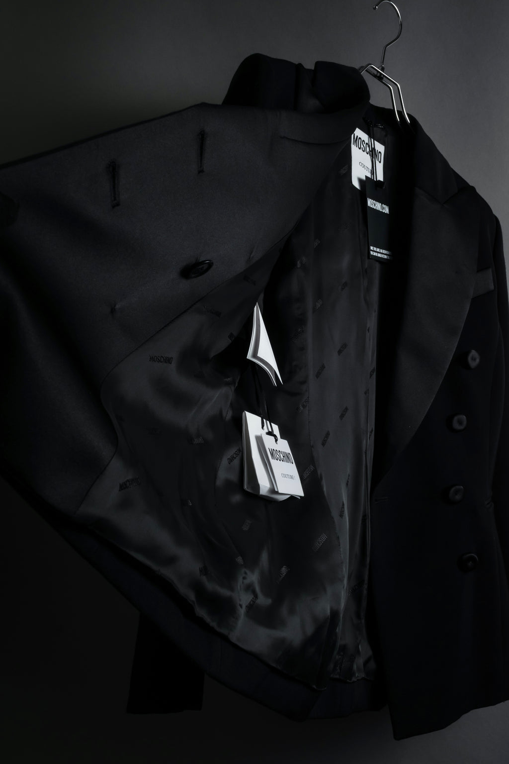 “MOSCHINO” Satin lapel double-breasted tuxedo jacket