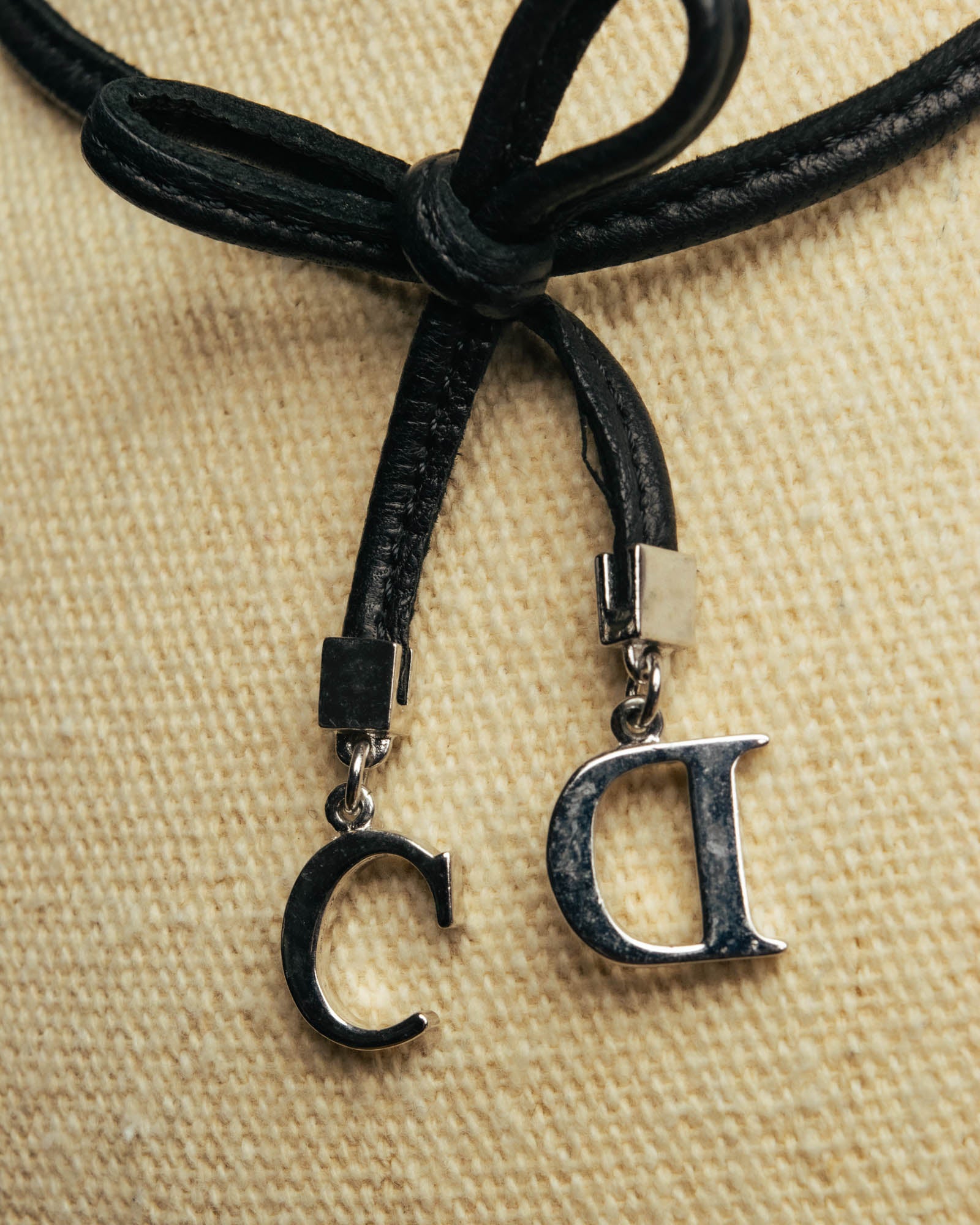 "Christian Dior" Ribbon charm leather cord choker necklace