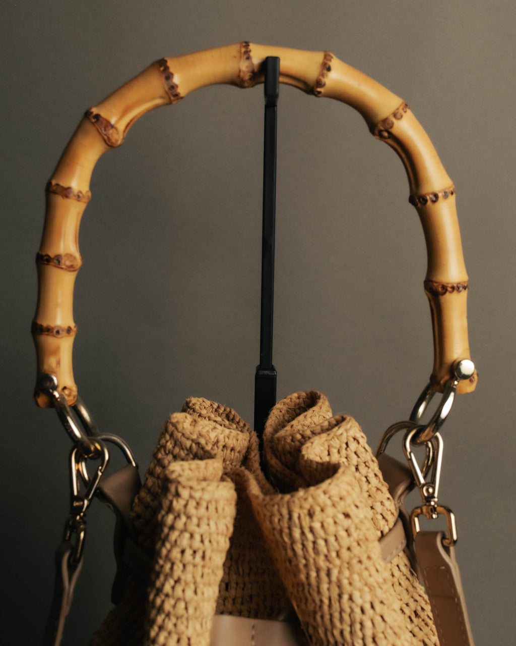 “Heidi Klein” Natural raffia bamboo handle bucket bag