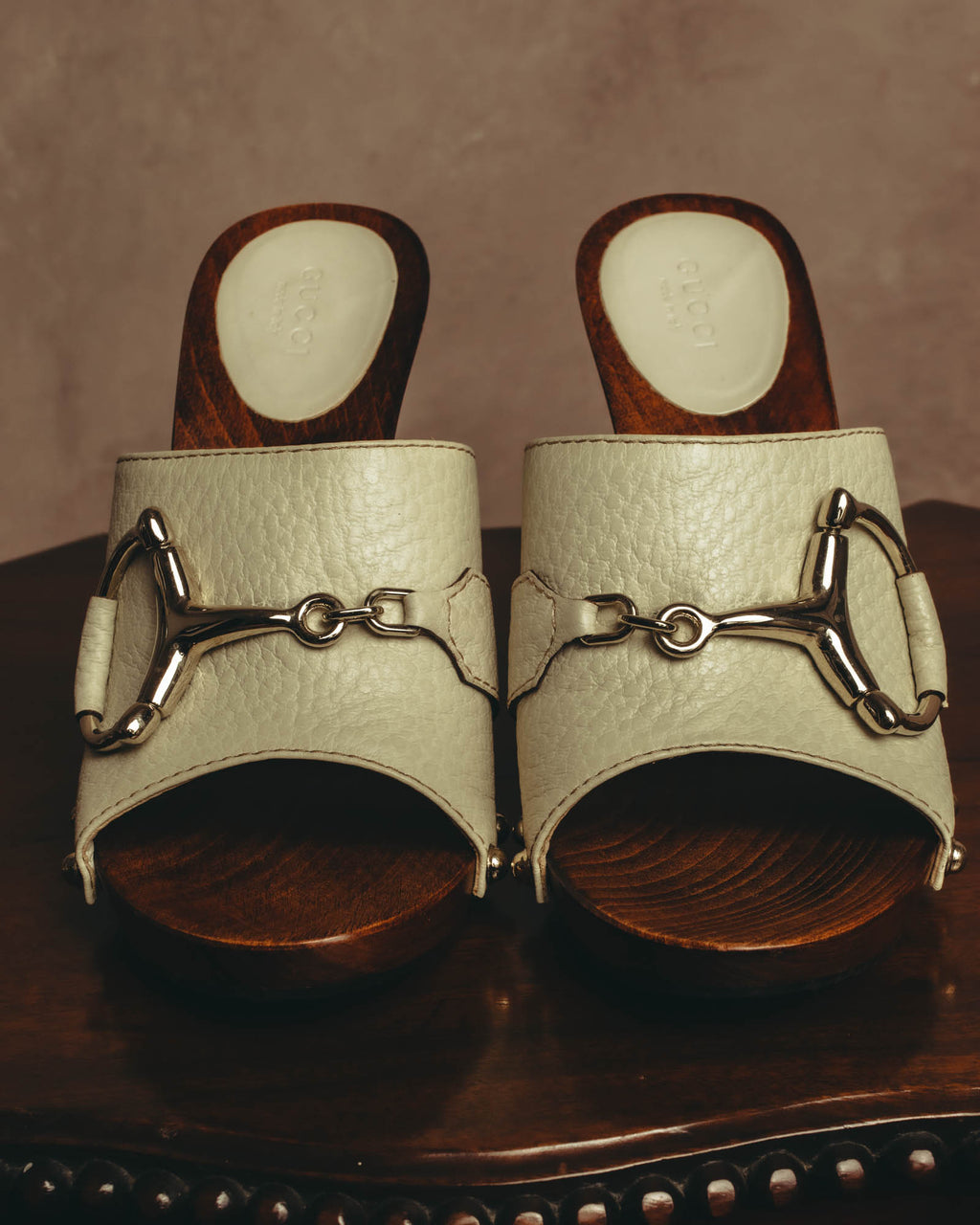 "GUCCI" 90's-00's Horsebit studded wood wedge mule sandals