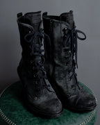 "PRADA" Military detail brushed leather lace-up long boots