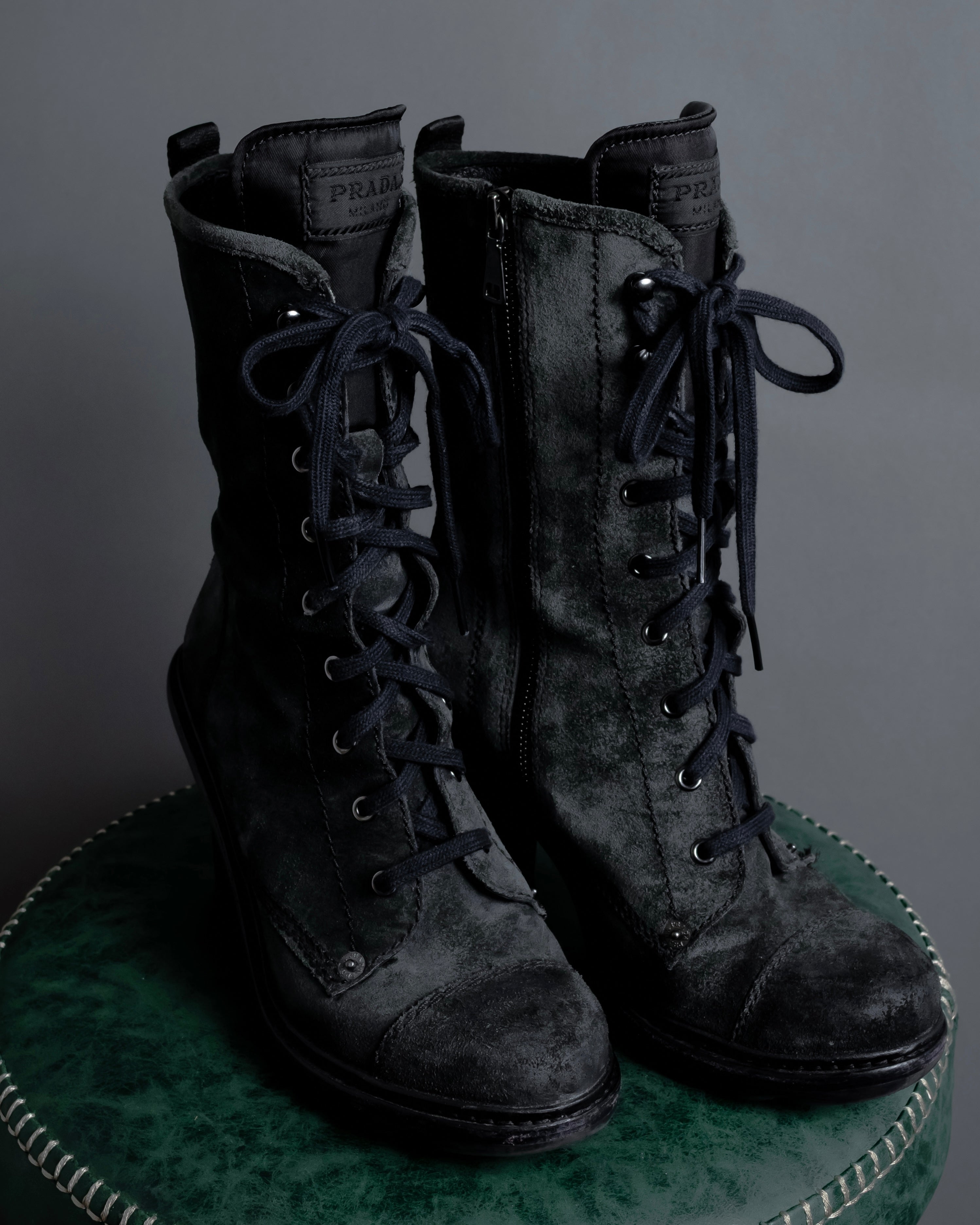 "PRADA" Military detail brushed leather lace-up long boots
