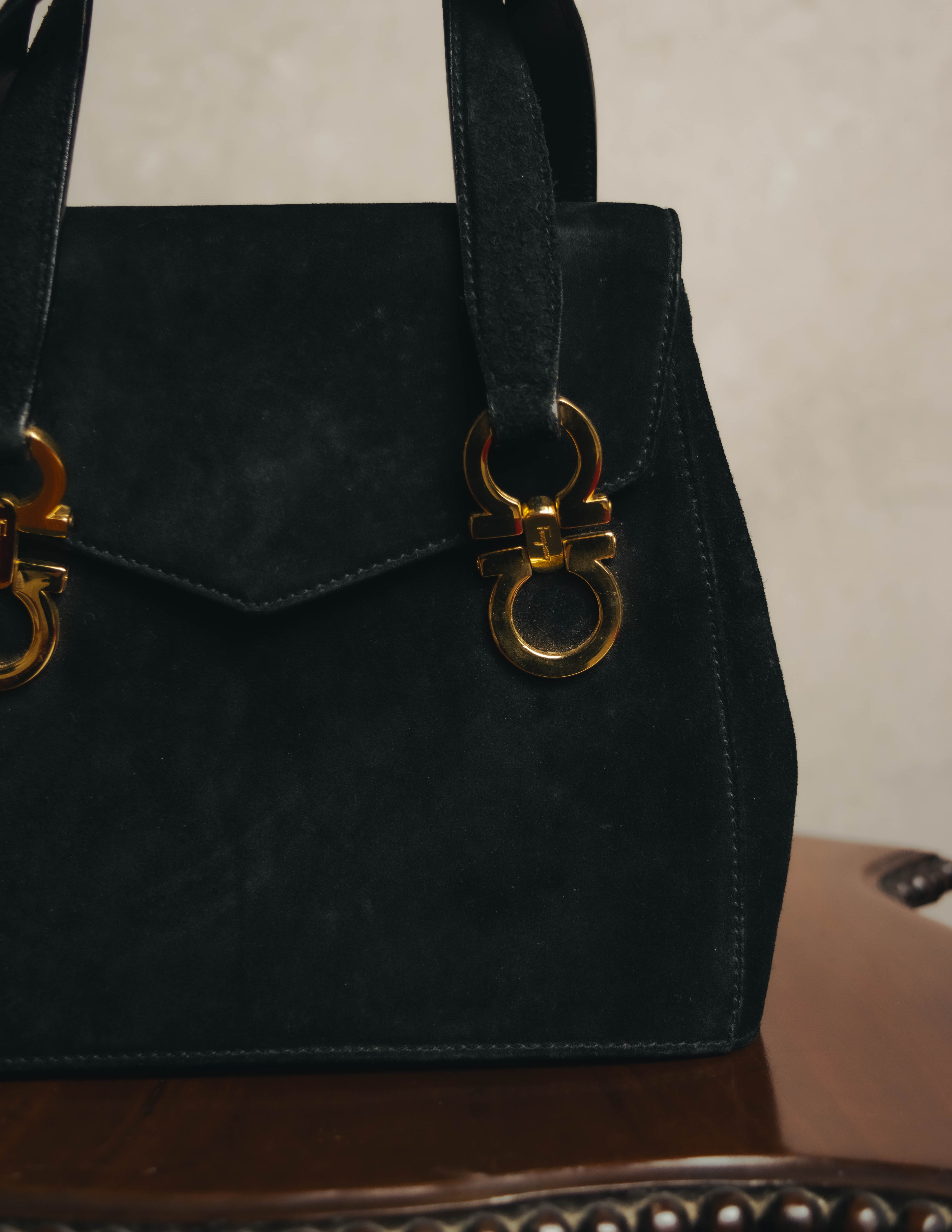 "Salvatore Ferragamo" 90's Black suede top handle handbag