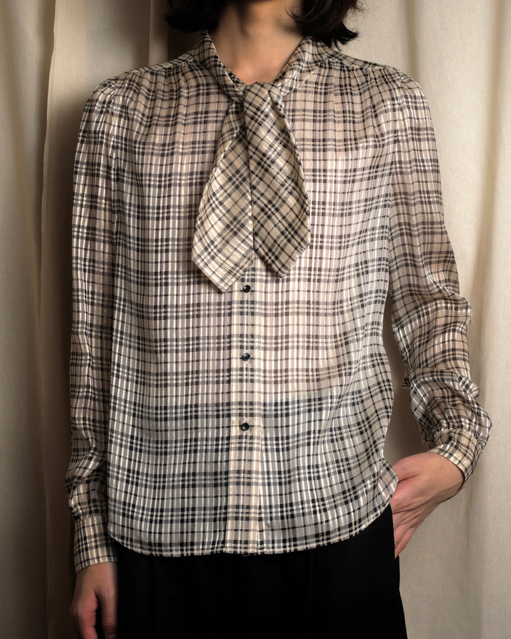 "Saint Laurent" Lame check pattern bow tie shirt