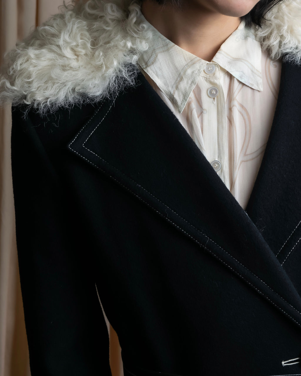 "HELMUT LANG" Fur collar belted long coat