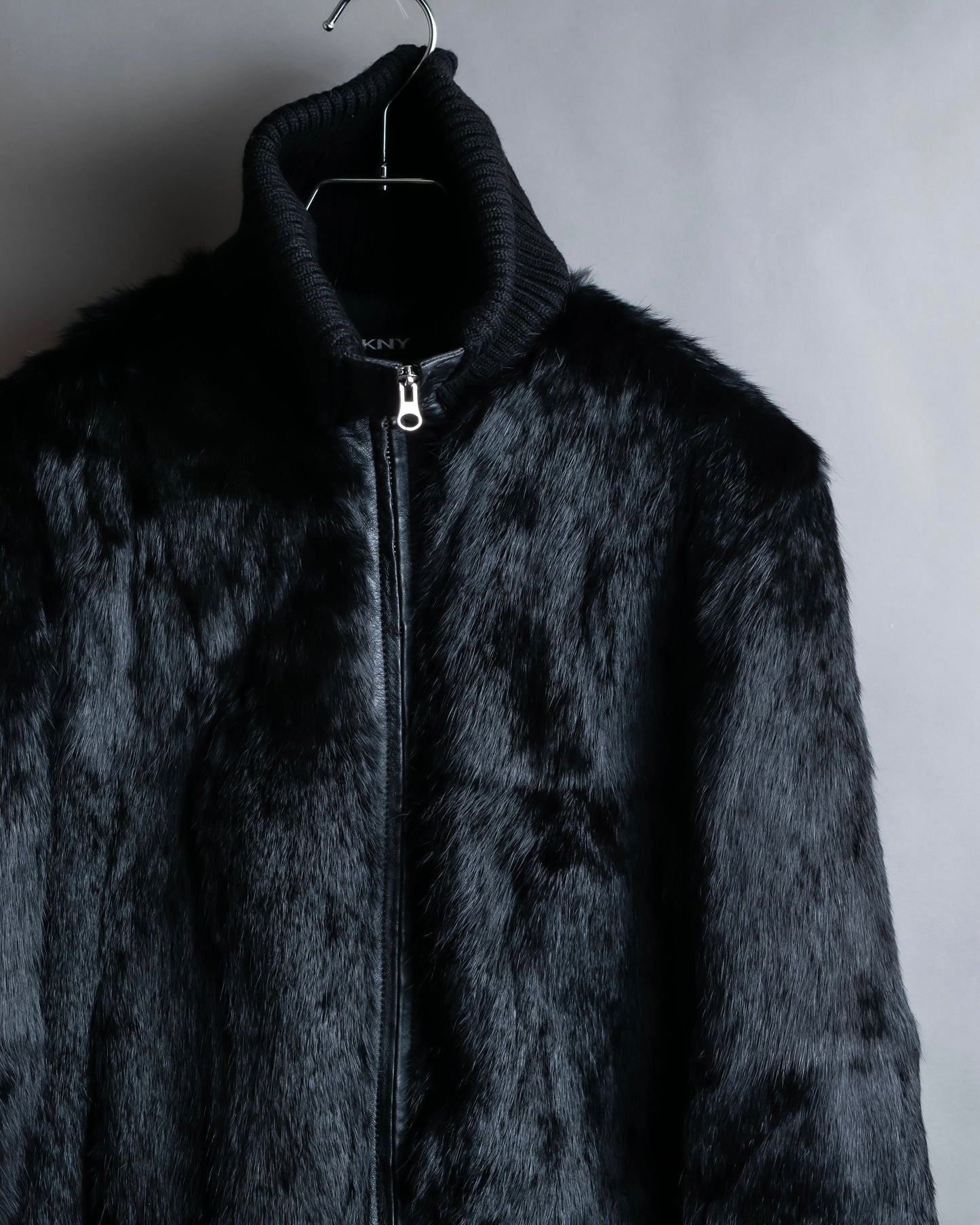 "DKNY" High neck ribbed fur double zip jacket