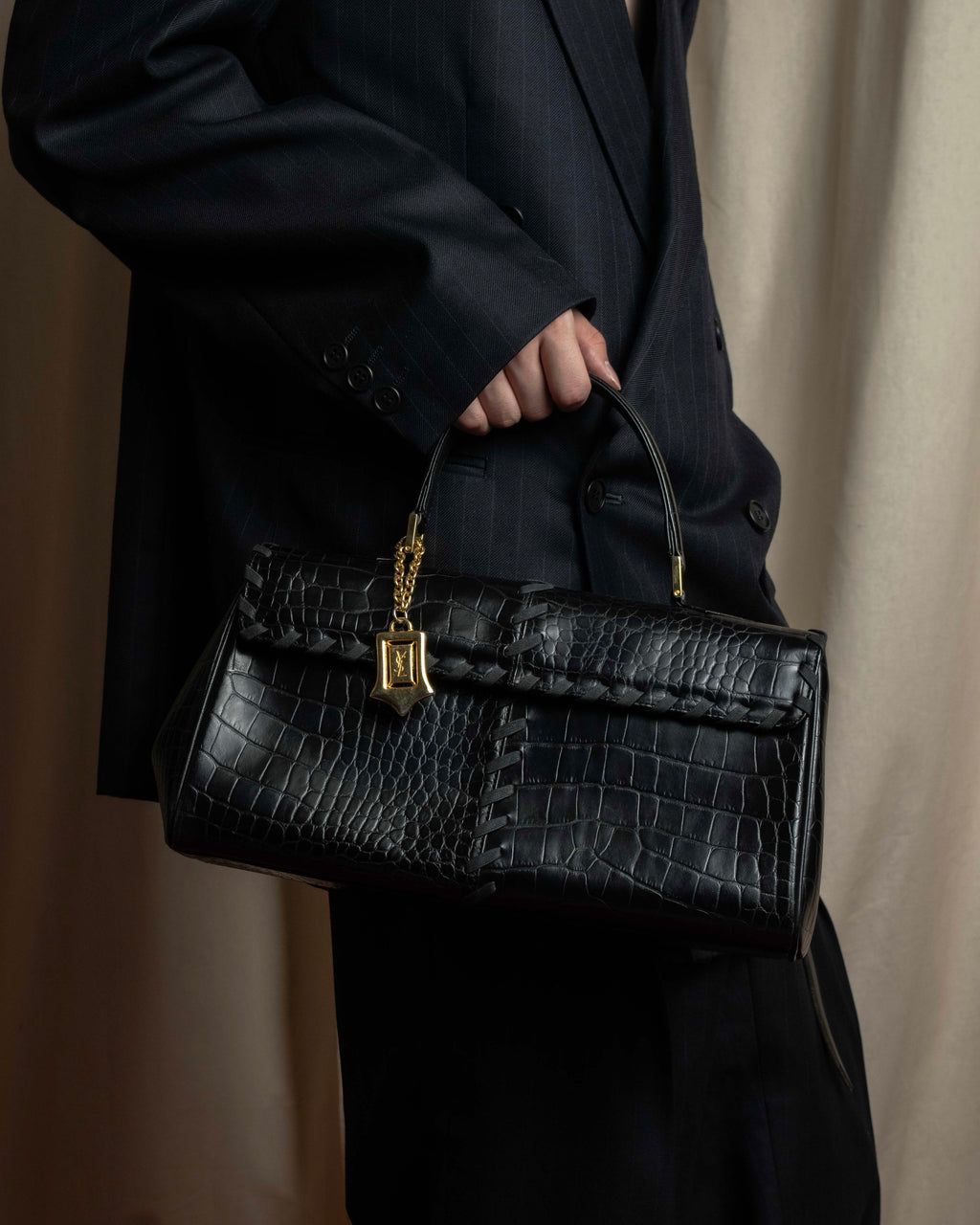 "YVES SAINT LAURENT" Whip stitch design crocodile foil stamped leather hand bag