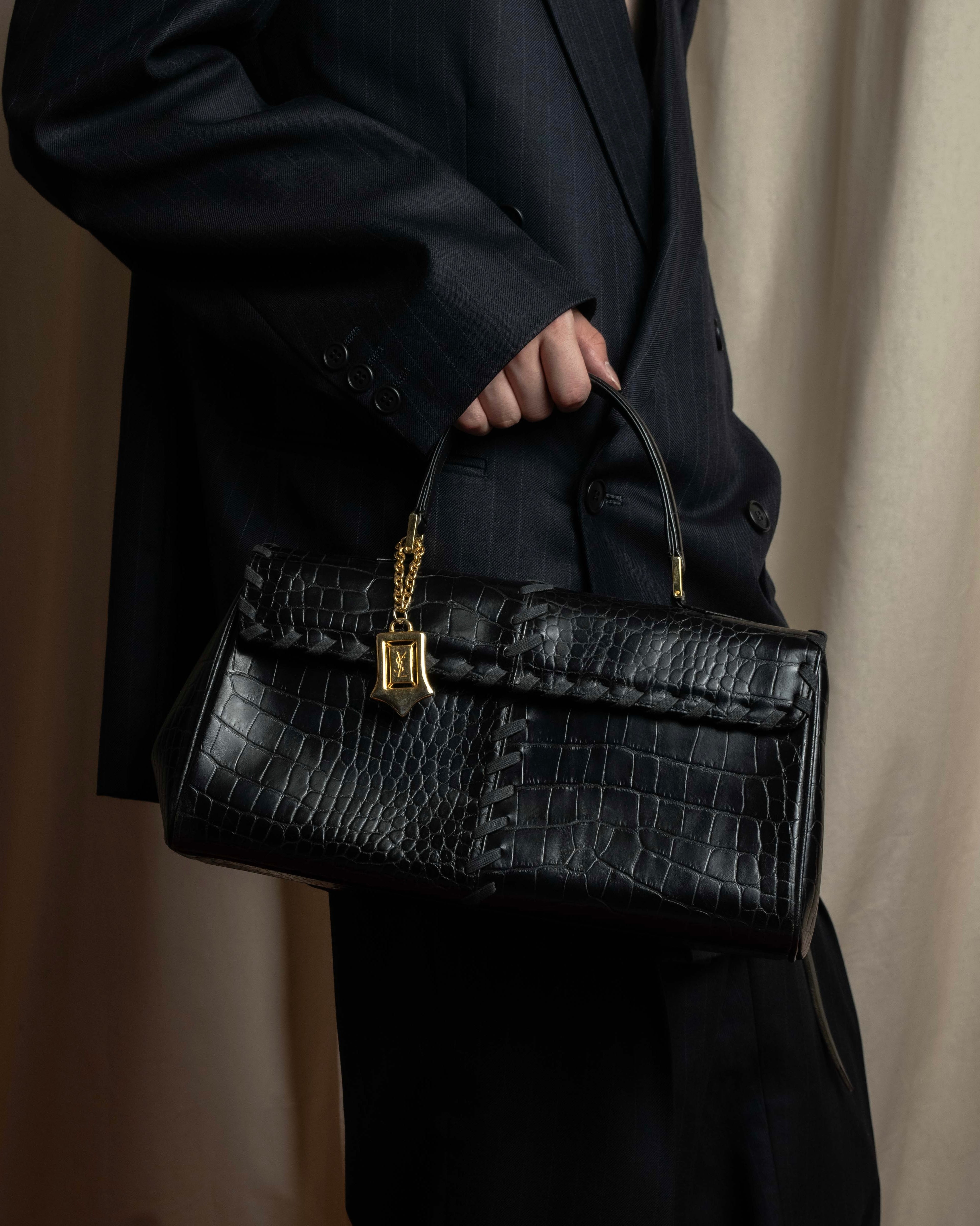 "YVES SAINT LAURENT" Whip stitch design crocodile foil stamped leather hand bag