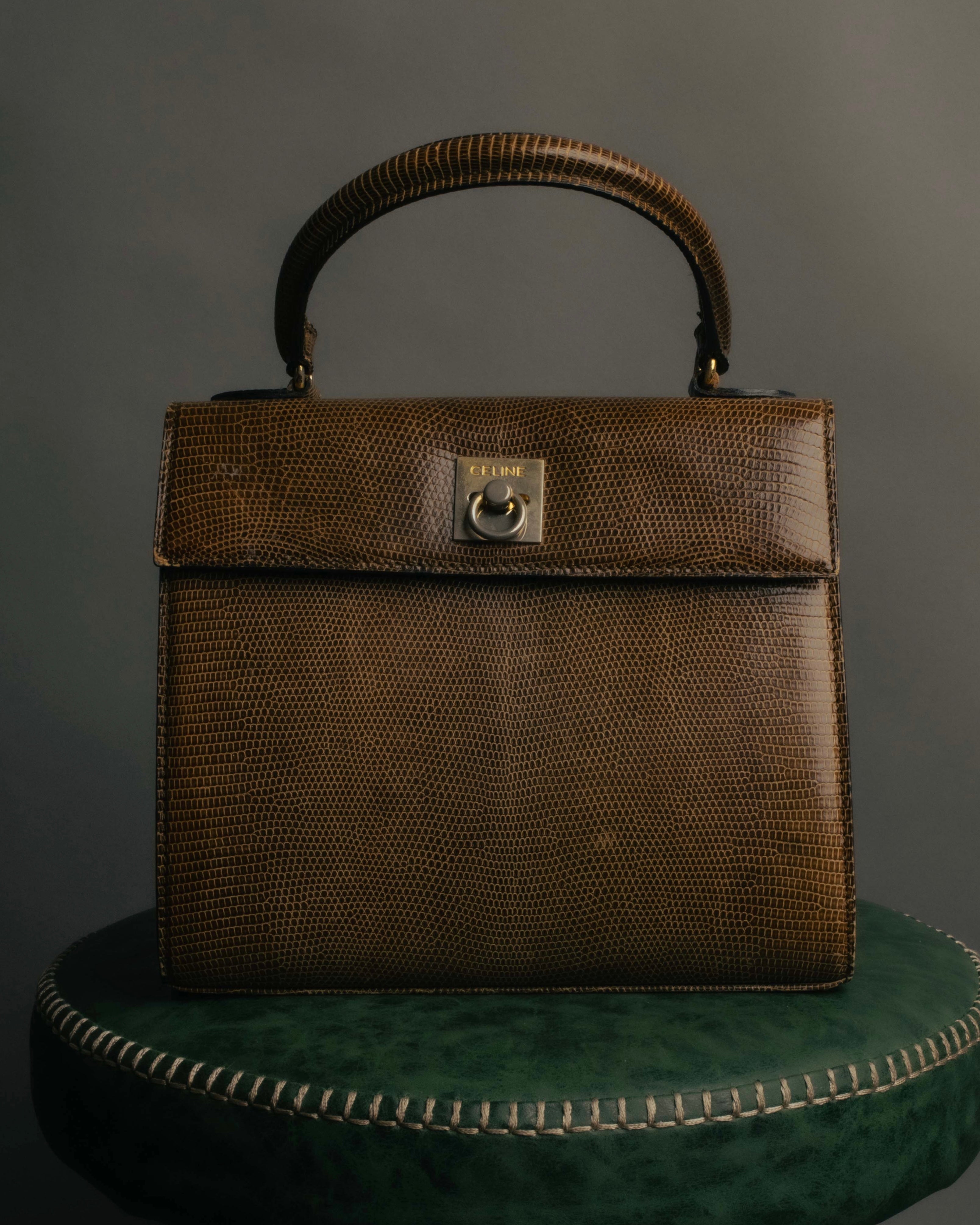 "CELINE" 70's-80's Structured lizard embossed leather top handle handbag