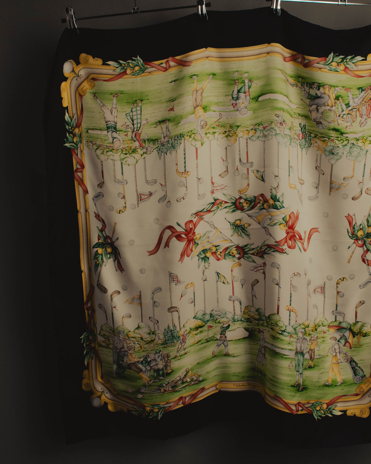 “Salvatore Ferragamo” 80’s-90’s Golf motif silk twill scarf