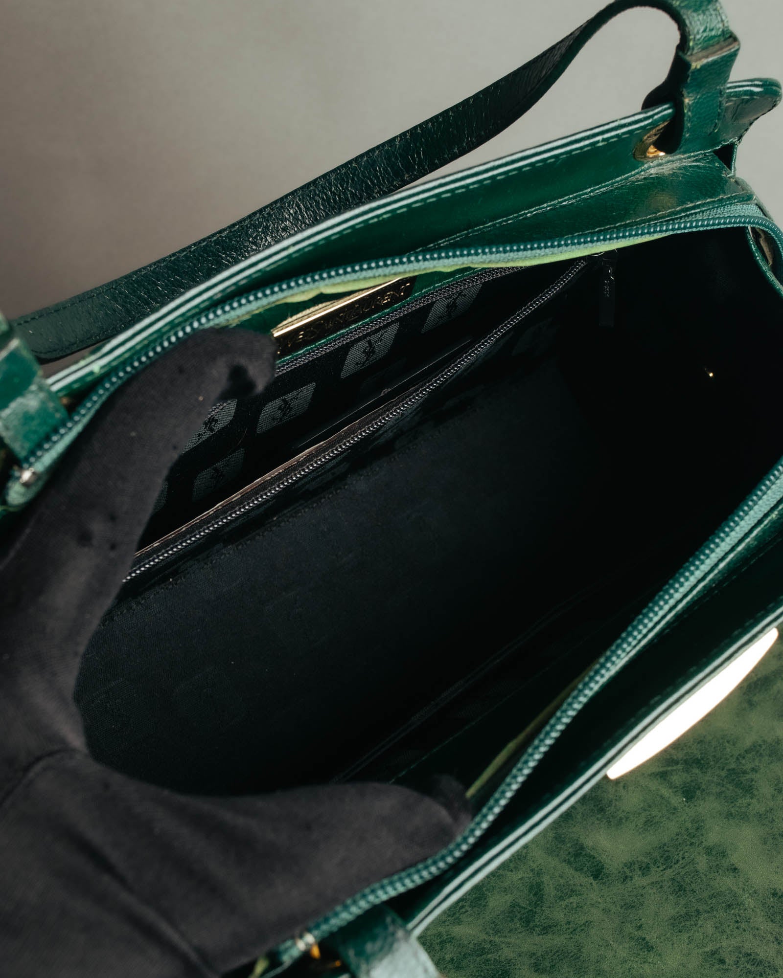 -SPECIAL- "Yves Saint Laurent" 80's-90's Glossy green exotic leather shoulder handbag