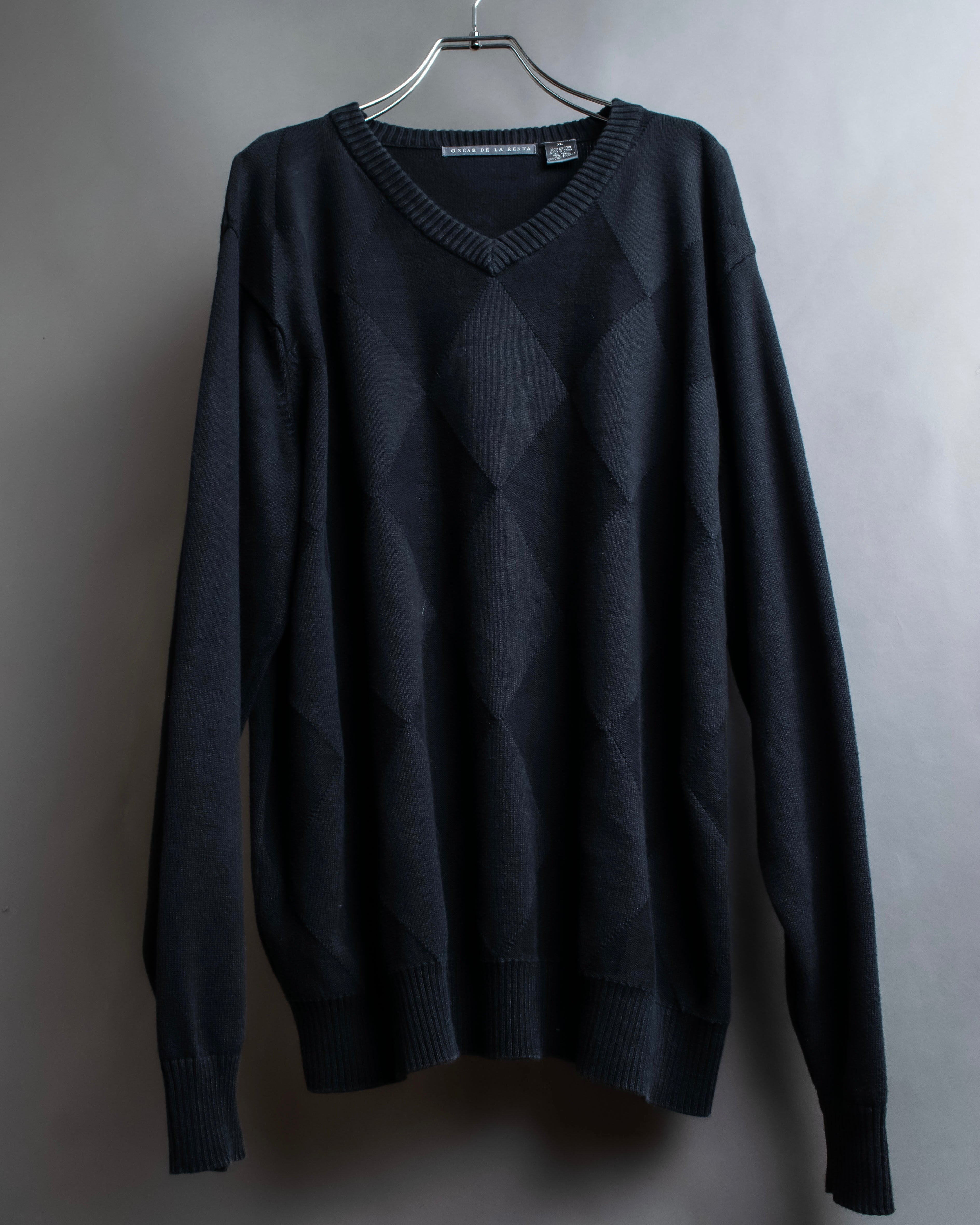 "OSCAR DE LA RENTA" Stitching argyle pattern V-neck oversized knit pullover