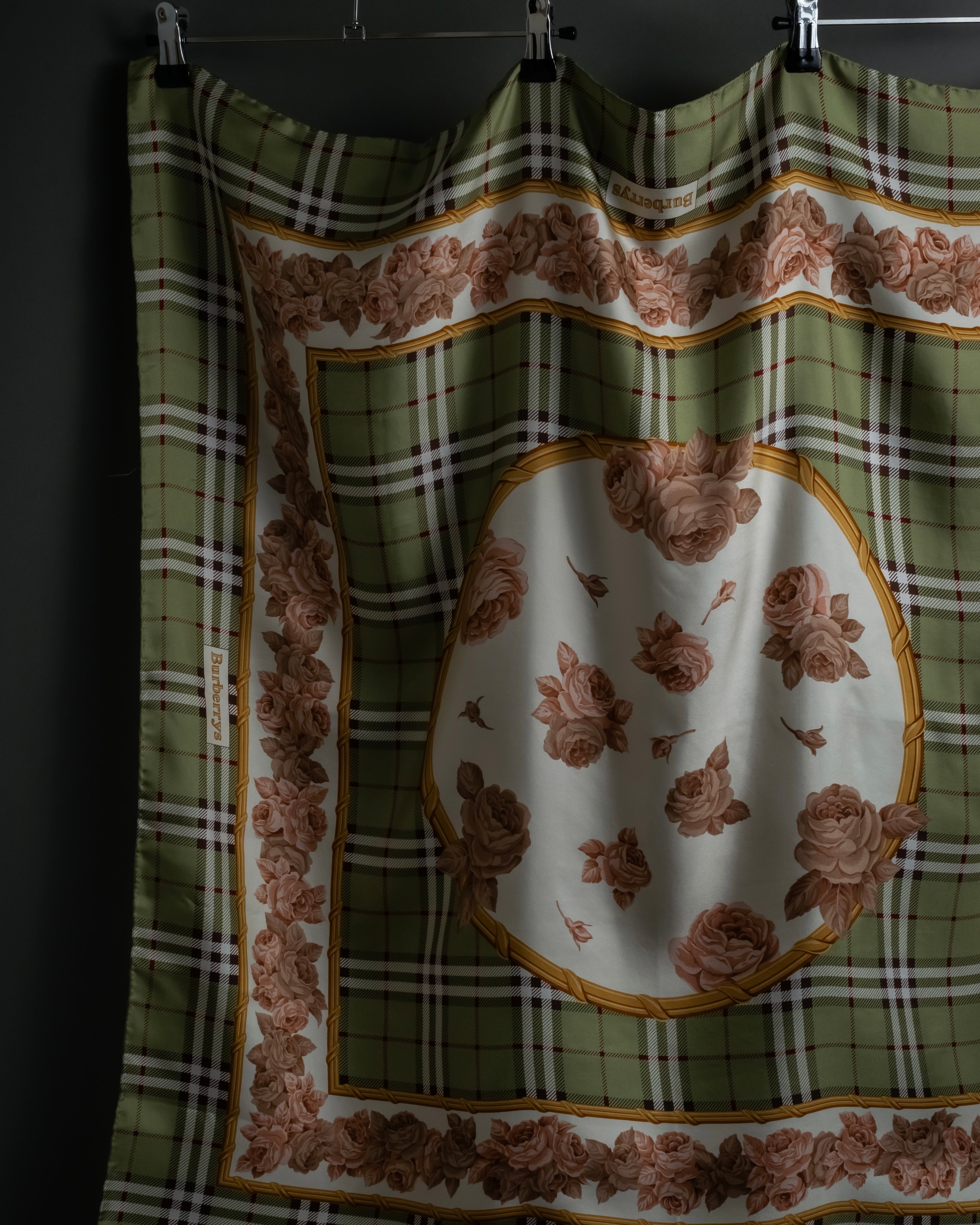 "BURBERRYS" Rose motif layered check pattern silk scarf