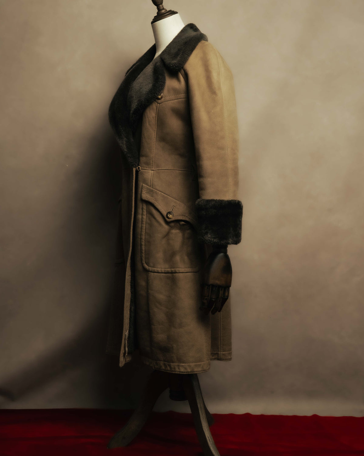 “LOEWE” 70’s-early 90’s Suede shearling belted long coat
