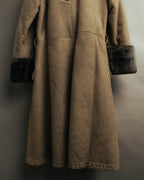 “LOEWE” 70’s-early 90’s Suede shearling belted long coat