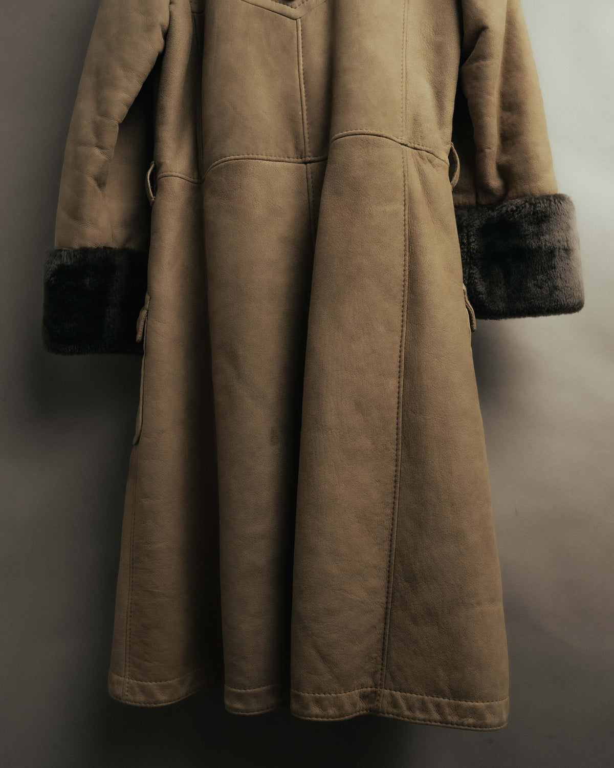 “LOEWE” 70’s-early 90’s Suede shearling belted long coat