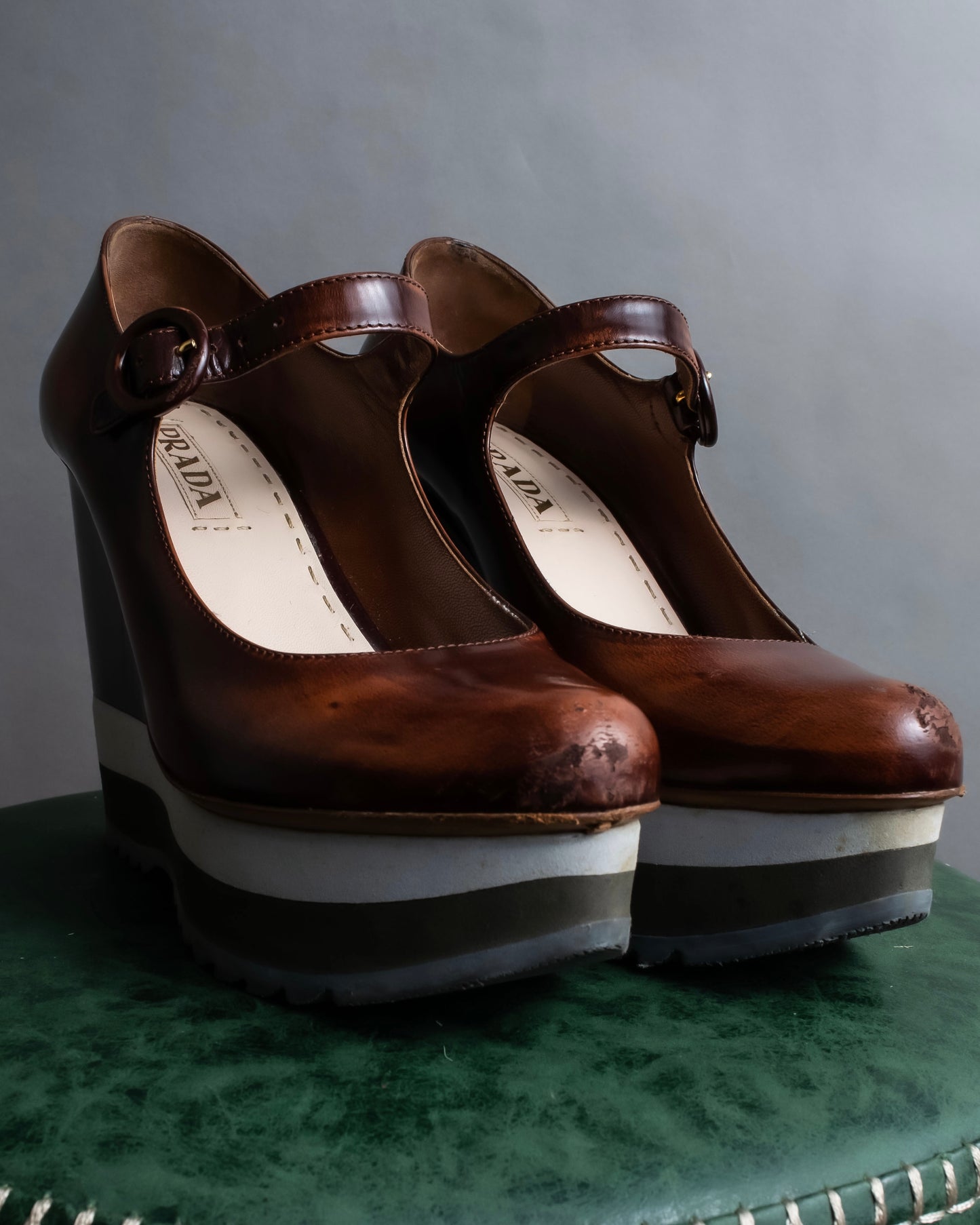 "PRADA" Brown leather stepped sole wedge heel pumps