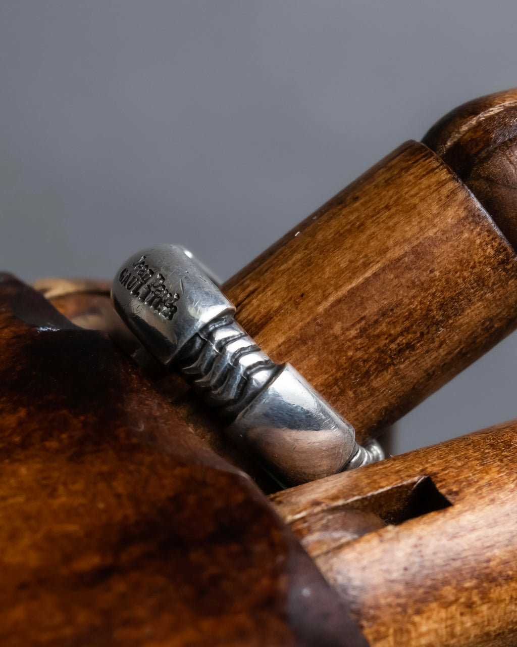 "JEAN PAUL GAULTIER" Logo engraved twisted design silver ring