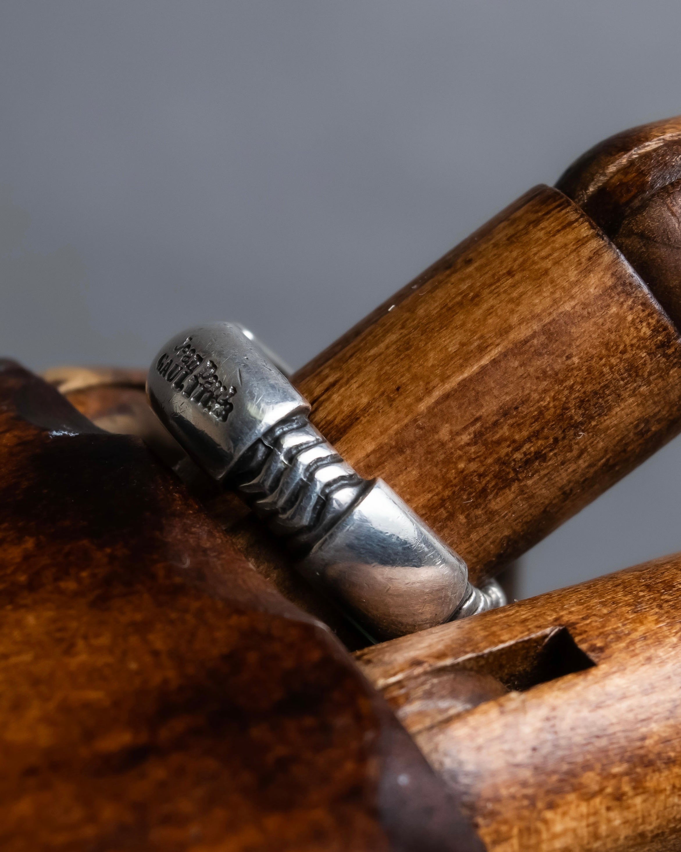 "JEAN PAUL GAULTIER" Logo engraved twisted design silver ring