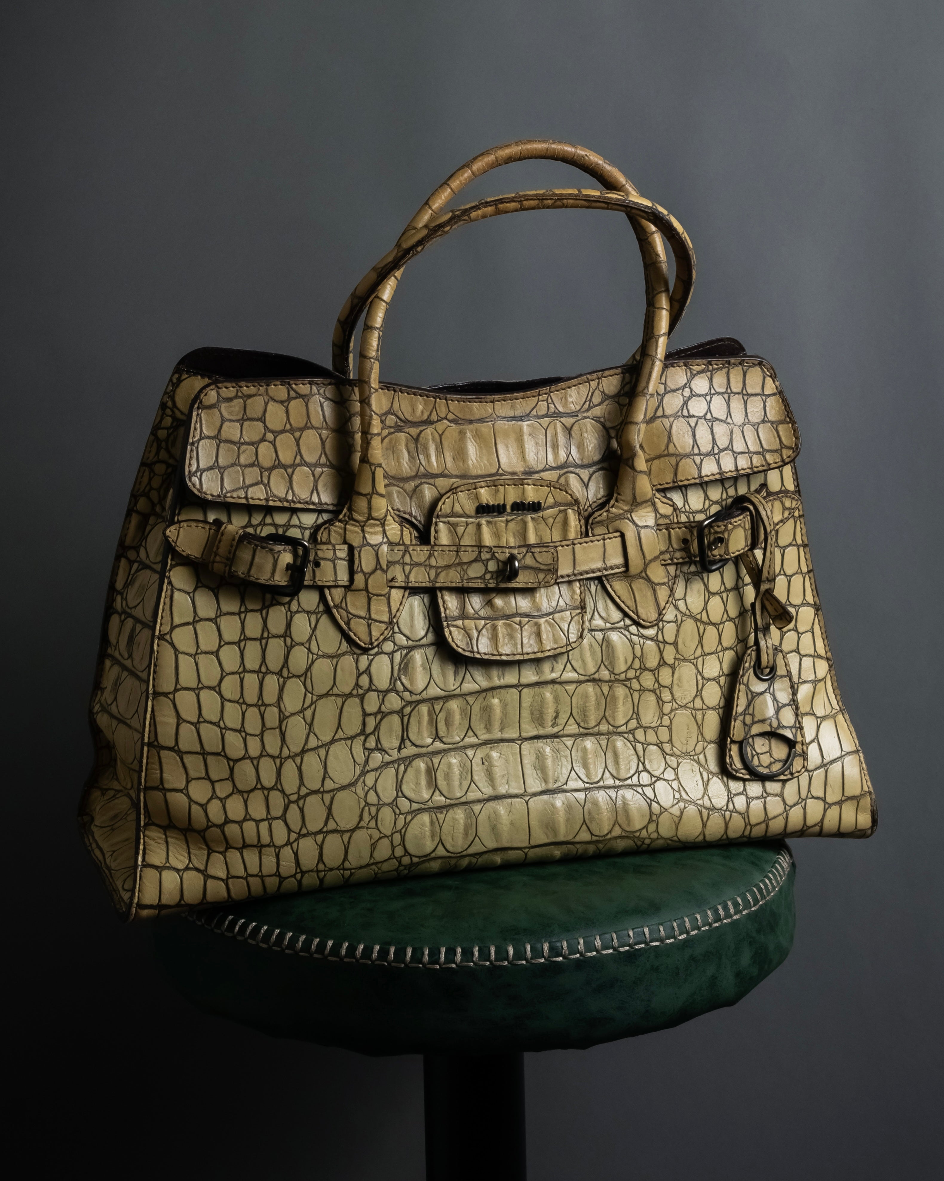 "MIU MIU" Belt strap design embossed leather hand bag