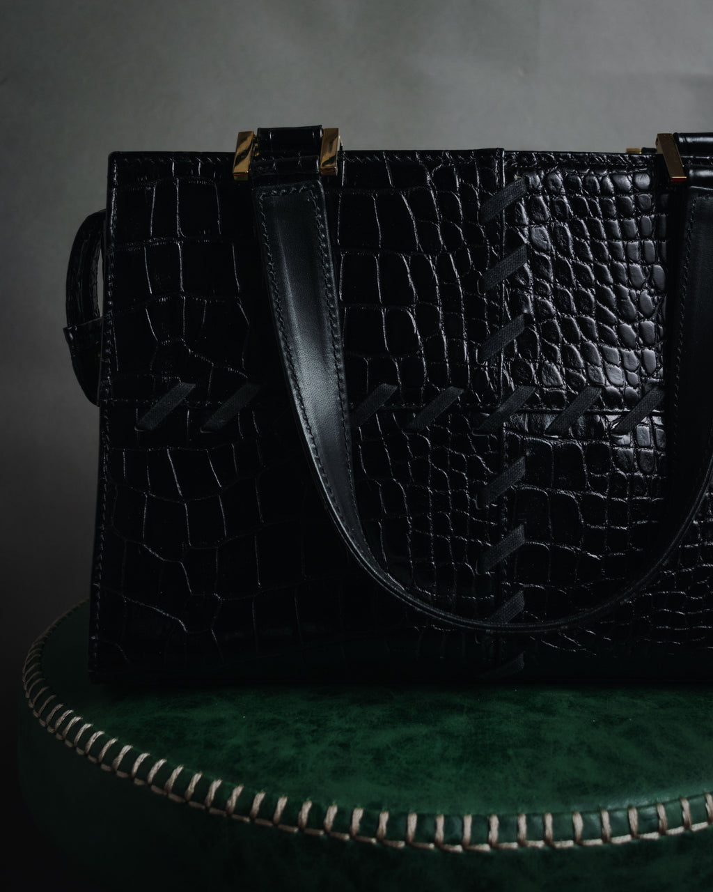 "YVES SAINT LAURENT" 90’s crocodile embossed lace up handbag