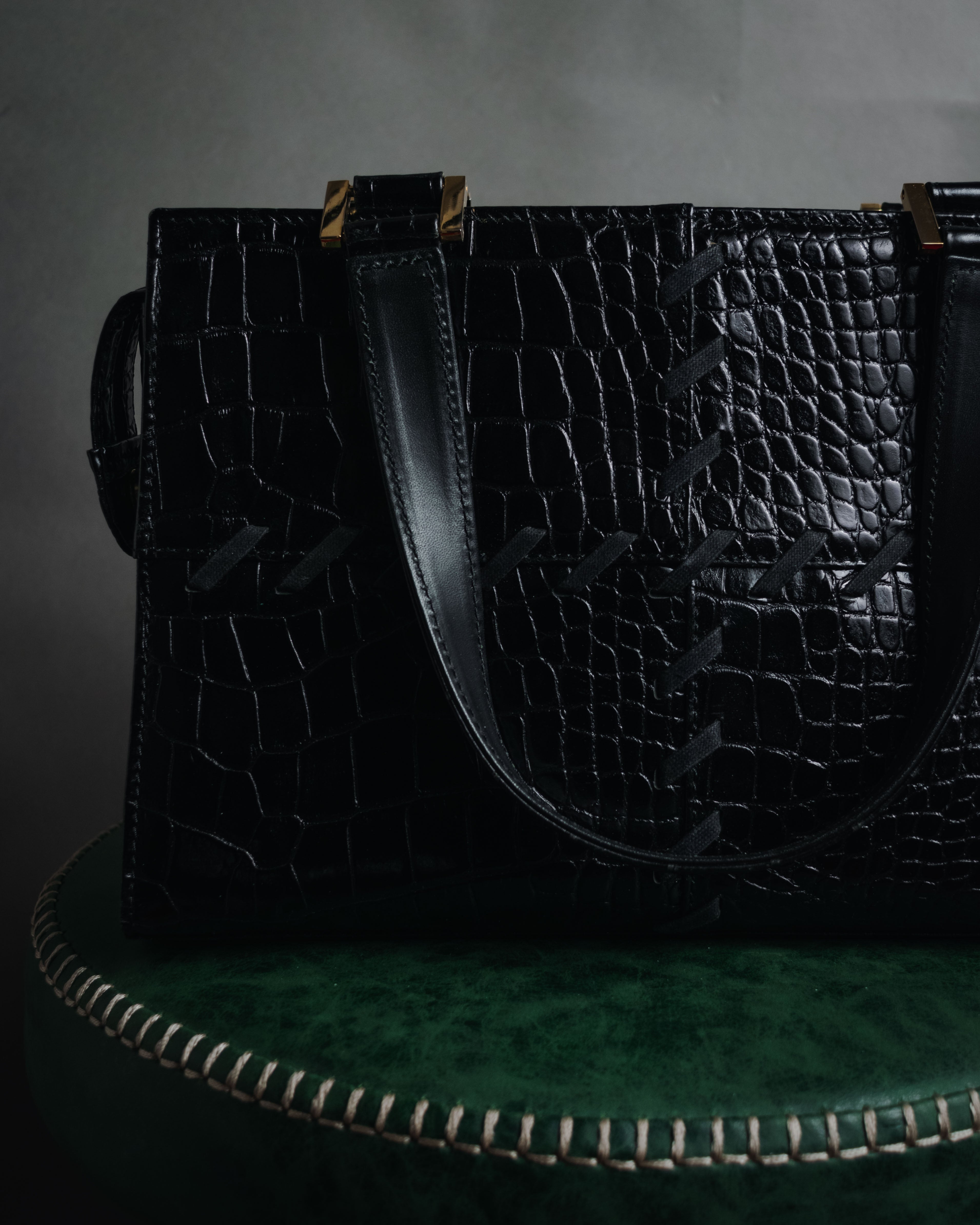 "YVES SAINT LAURENT" 90’s crocodile embossed lace up handbag