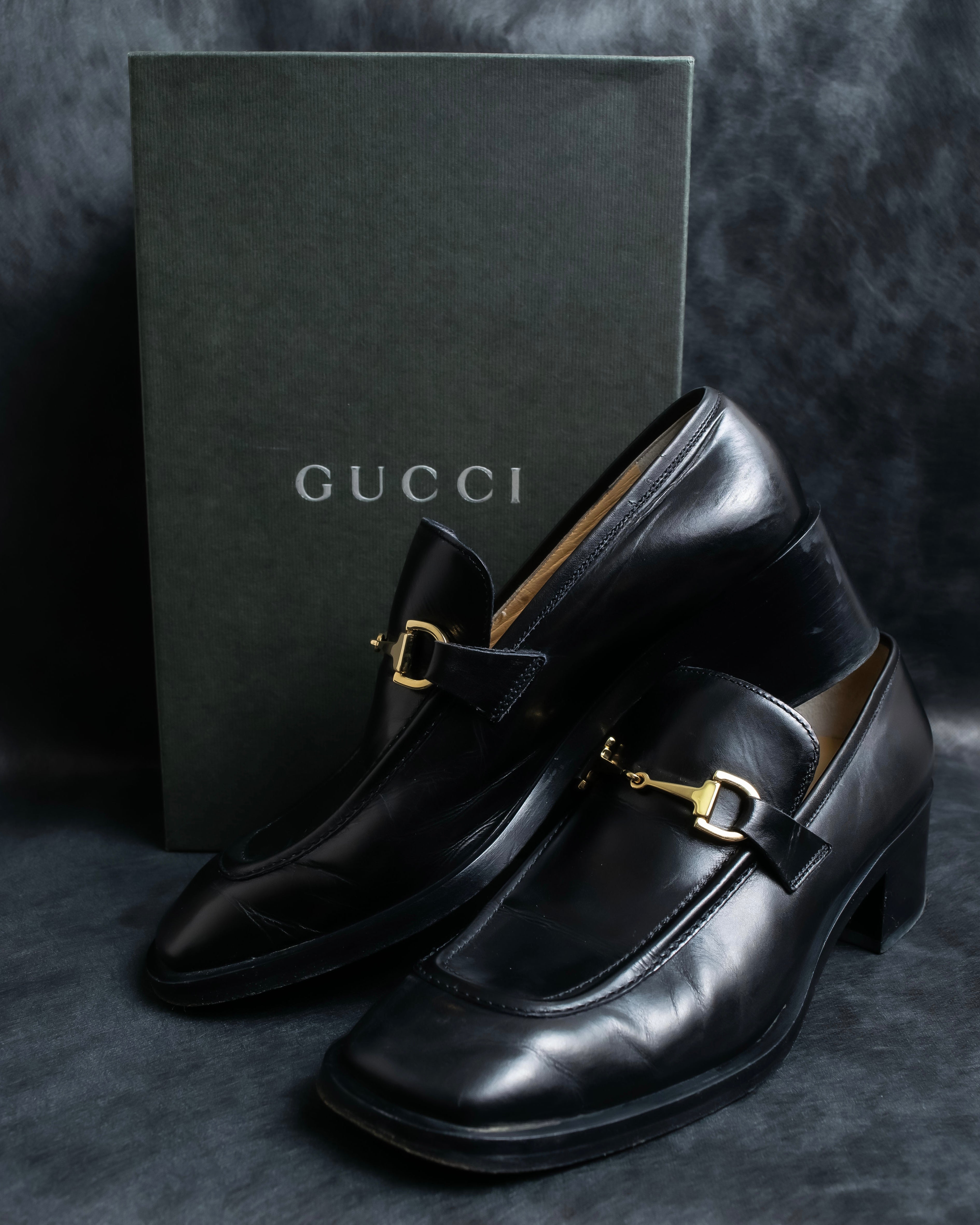 "GUCCI" Horsebit motif square toe heeled loafers