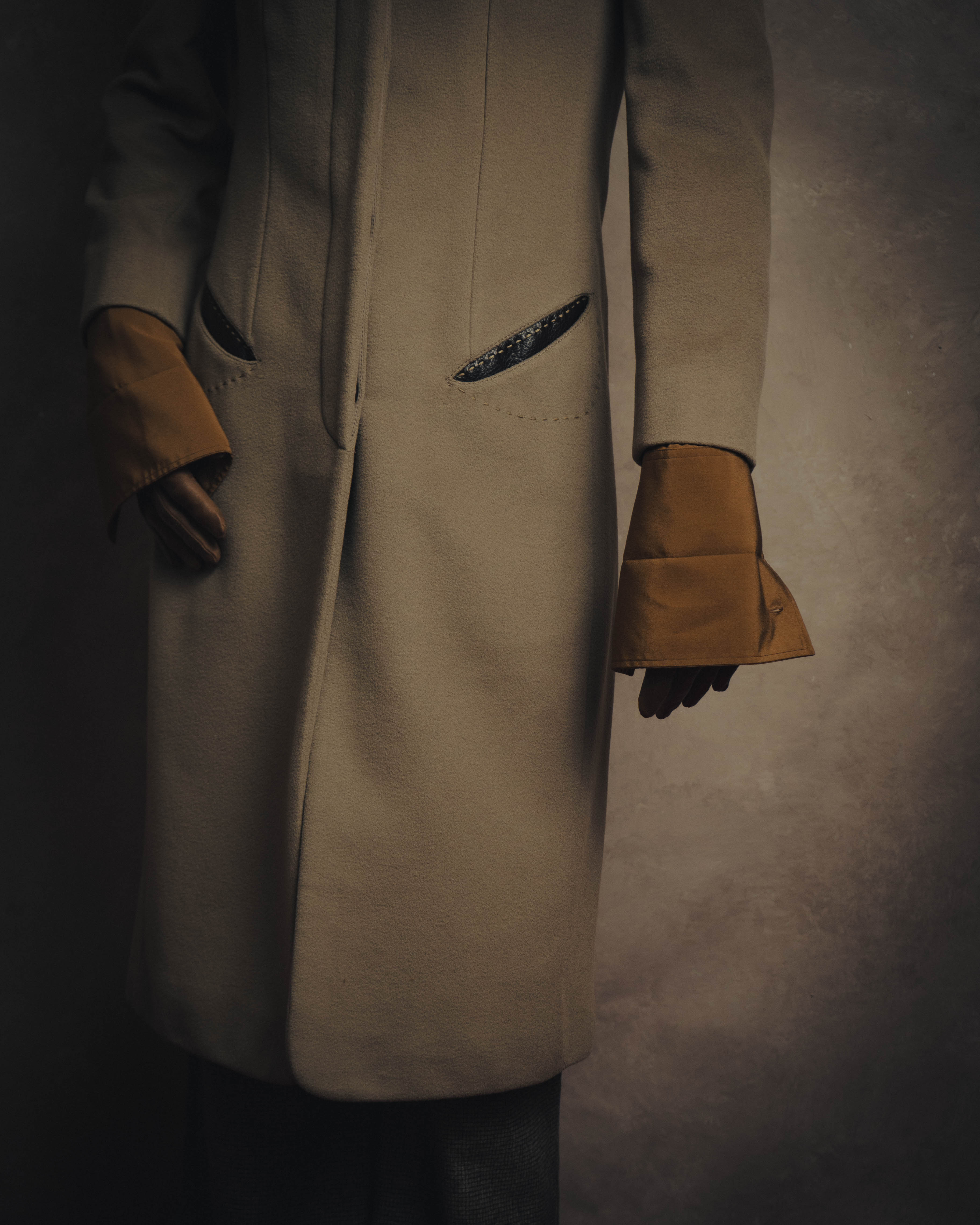 -SPECIAL- "FENDI" 90's-00's Cashmere blend long coat with leather contrast