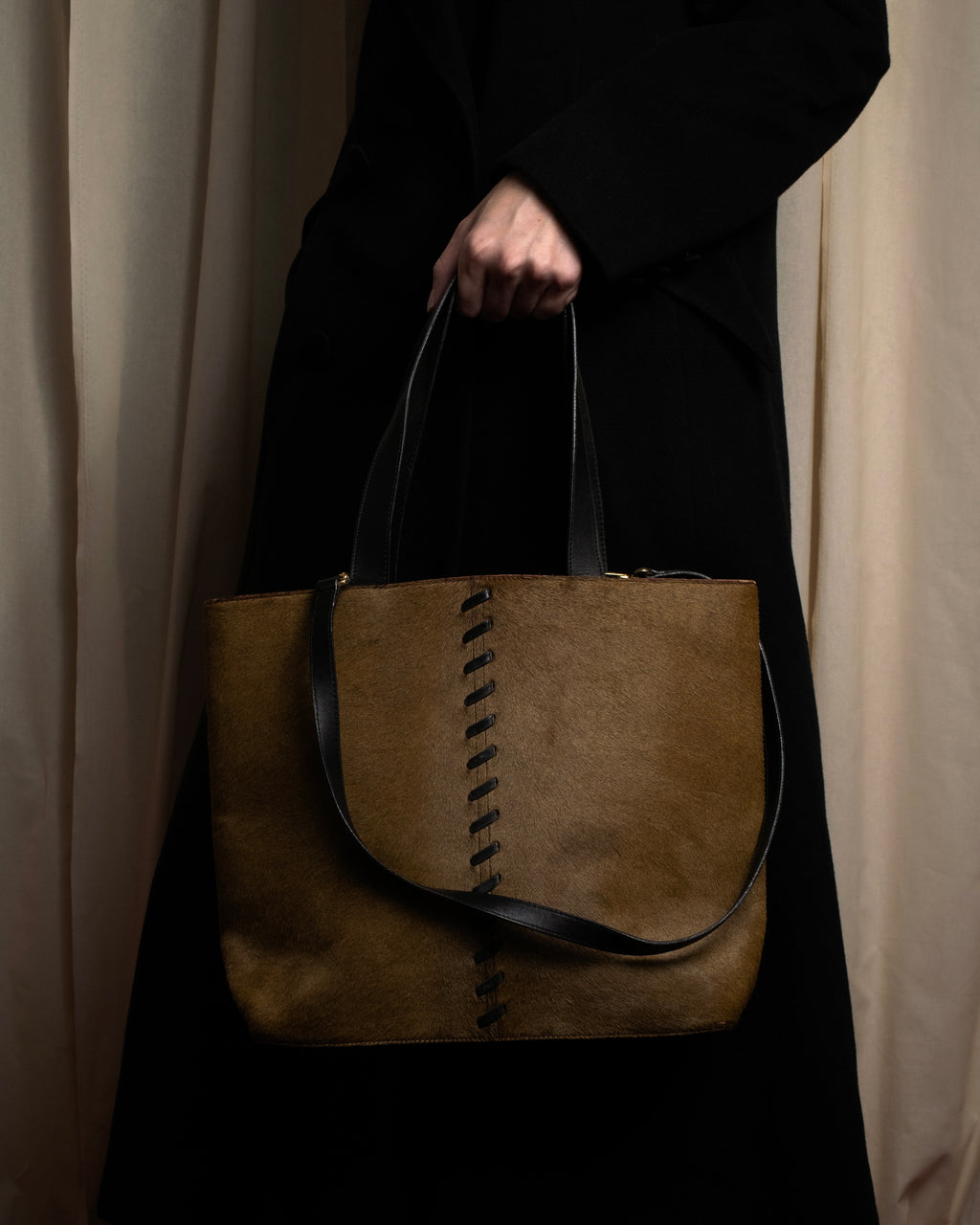 "YVES SAINT LAURENT" Hand-stitched design hair calf leather tote bag