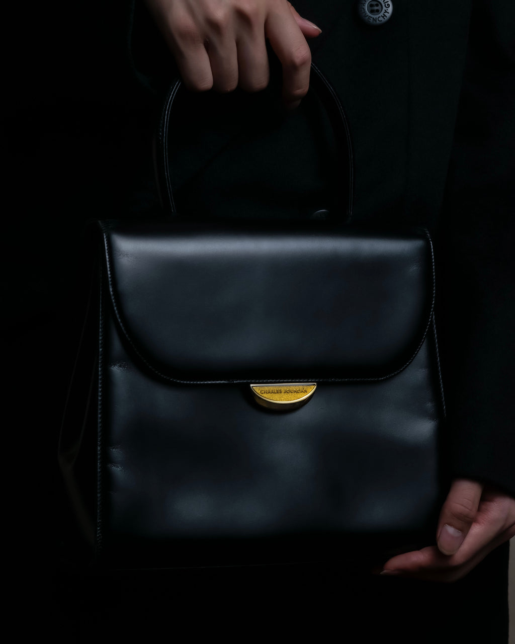 "Charles Jourdan" Logo half-moon metal plate design leather hand bag
