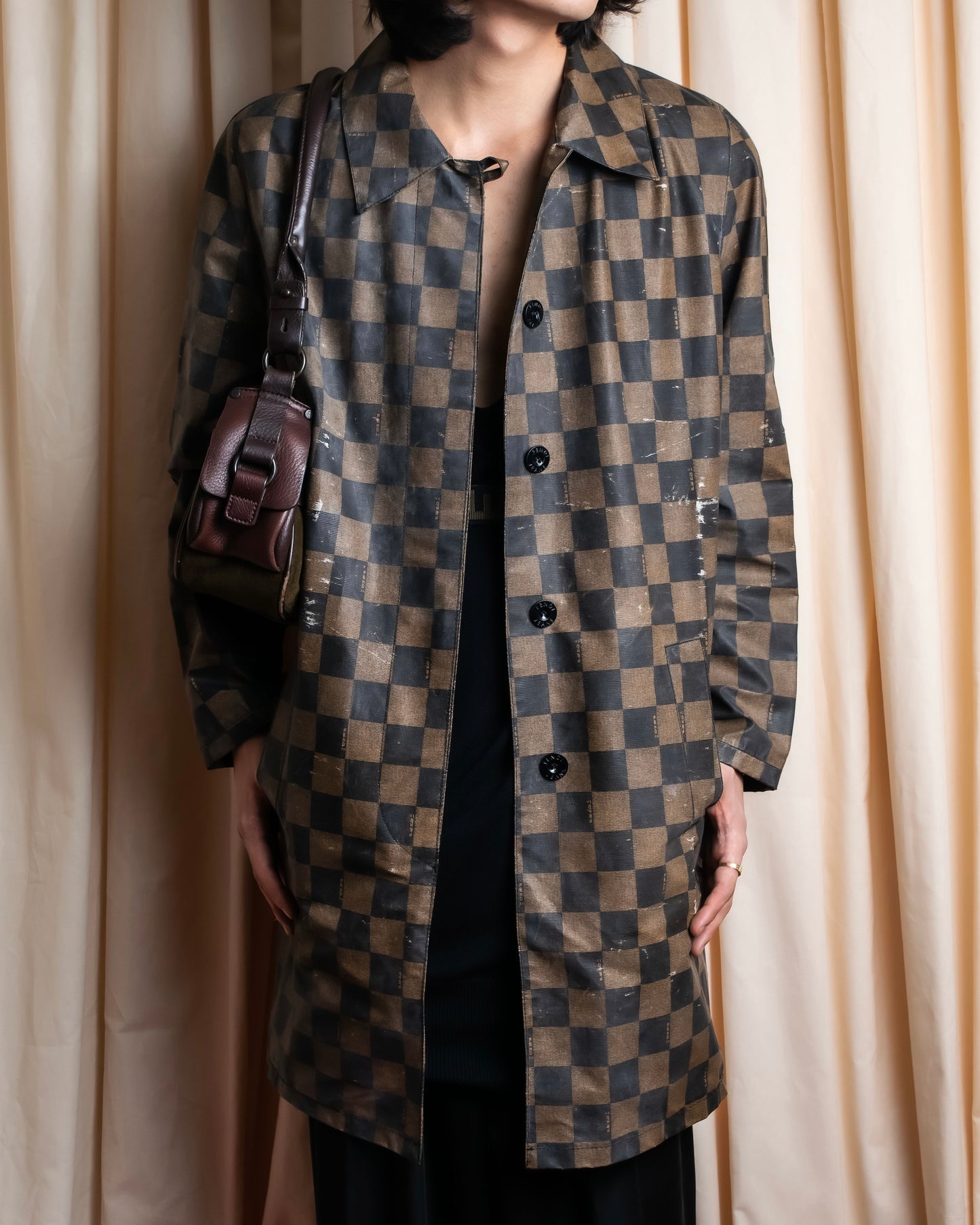 "FENDI" Pecan checkered belted mid length coat