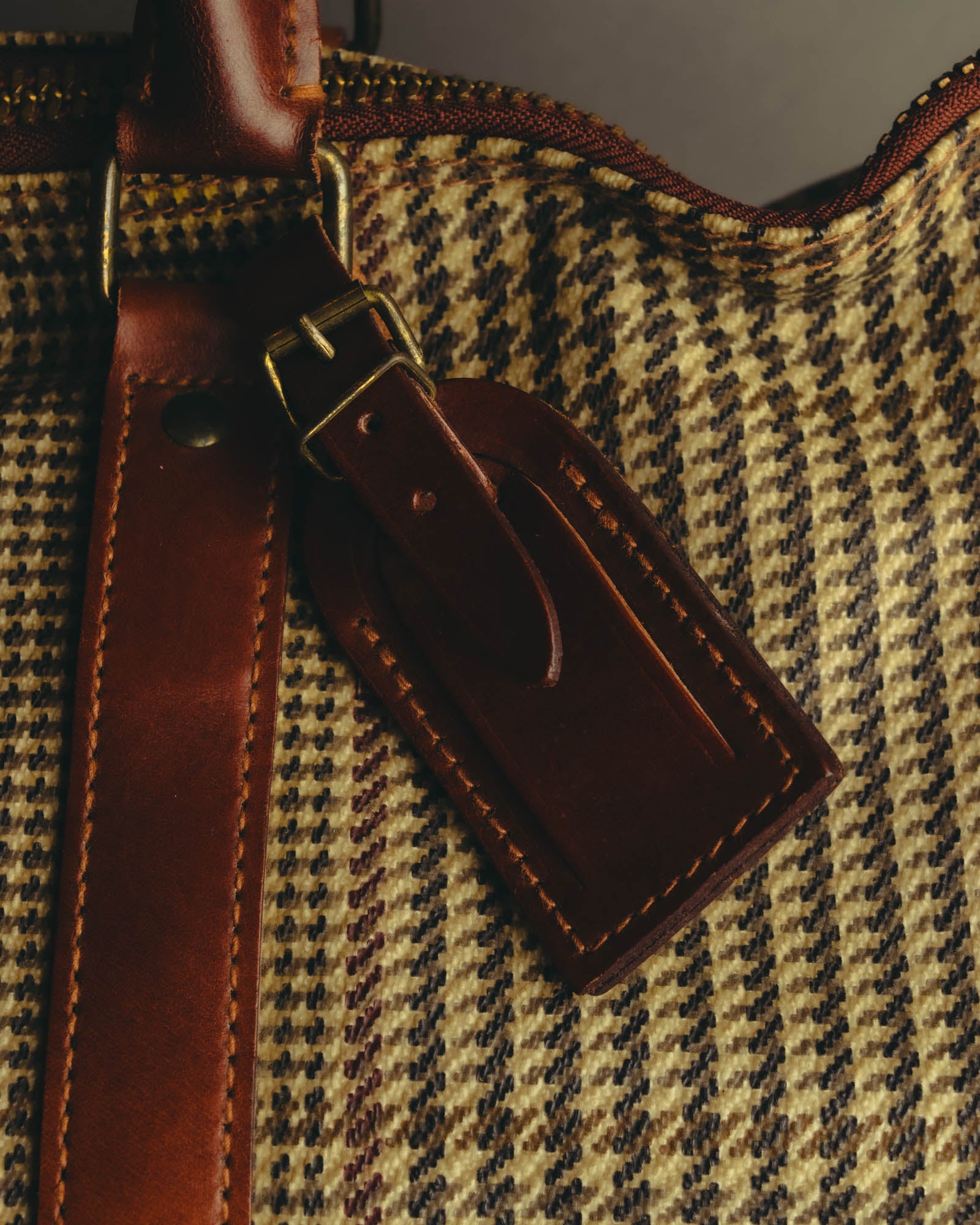 "Polo Ralph Lauren" 80's-90's Houndstooth leather trim travel bag