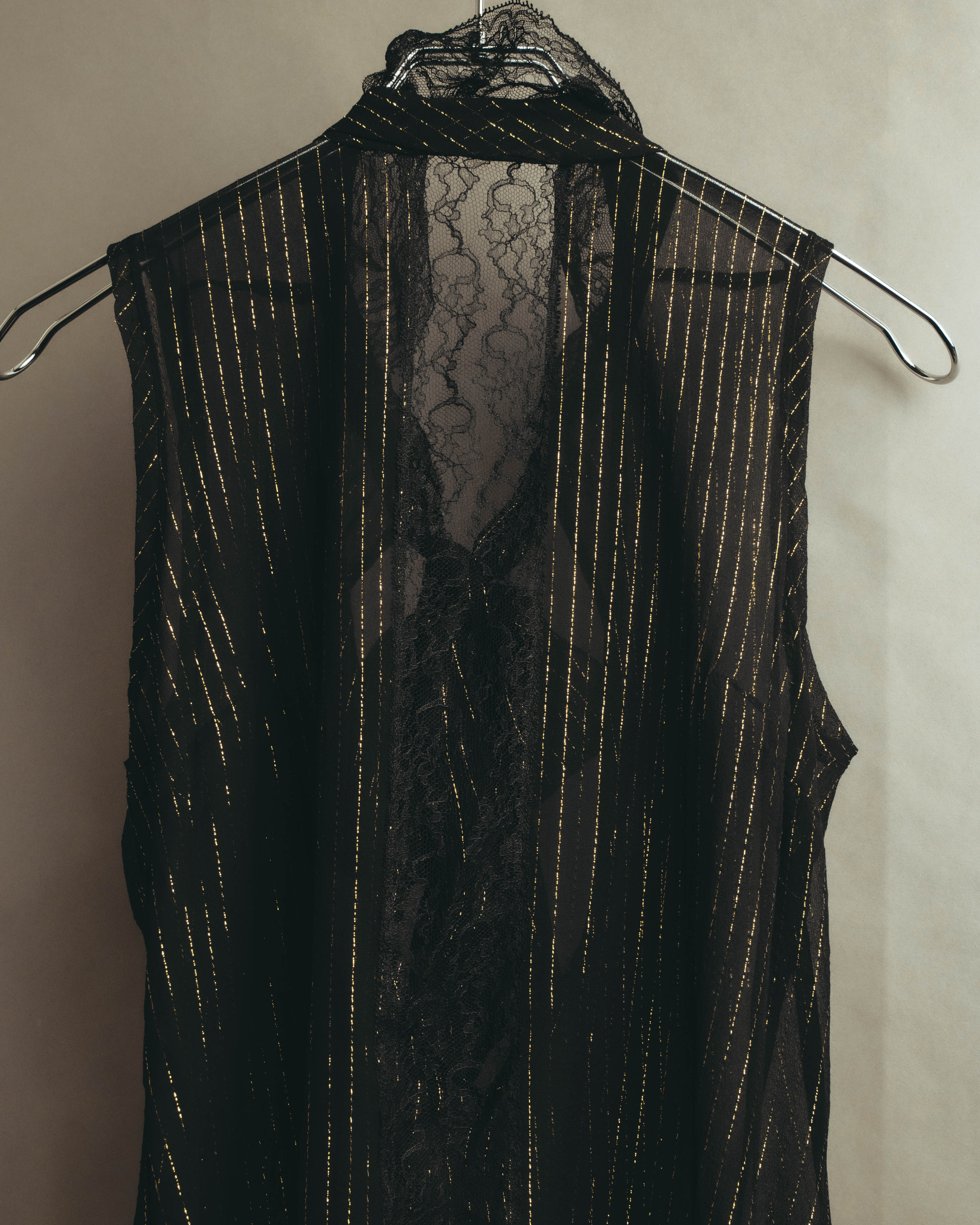 “PINKO” 2010’s Metallic striped lace georgette bow blouse