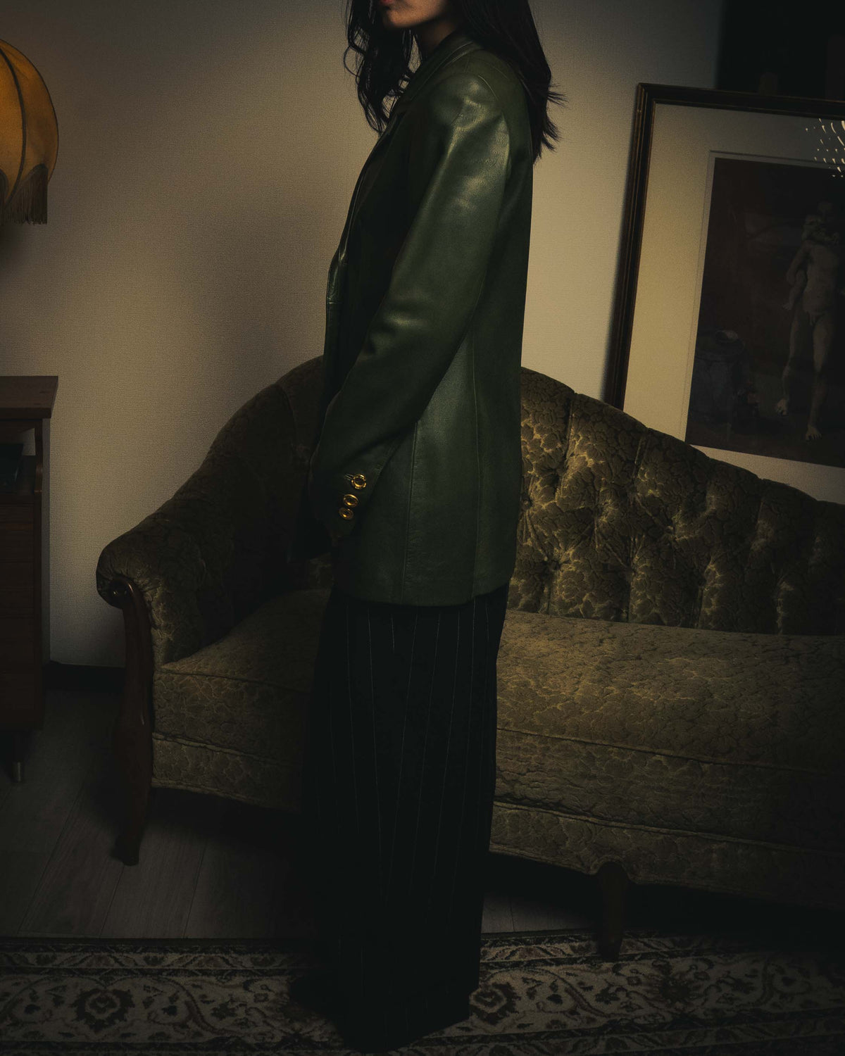 -SPECIAL- “LOEWE” 80’s-90’s Gold buttoned olive leather double-breasted tailored jacket