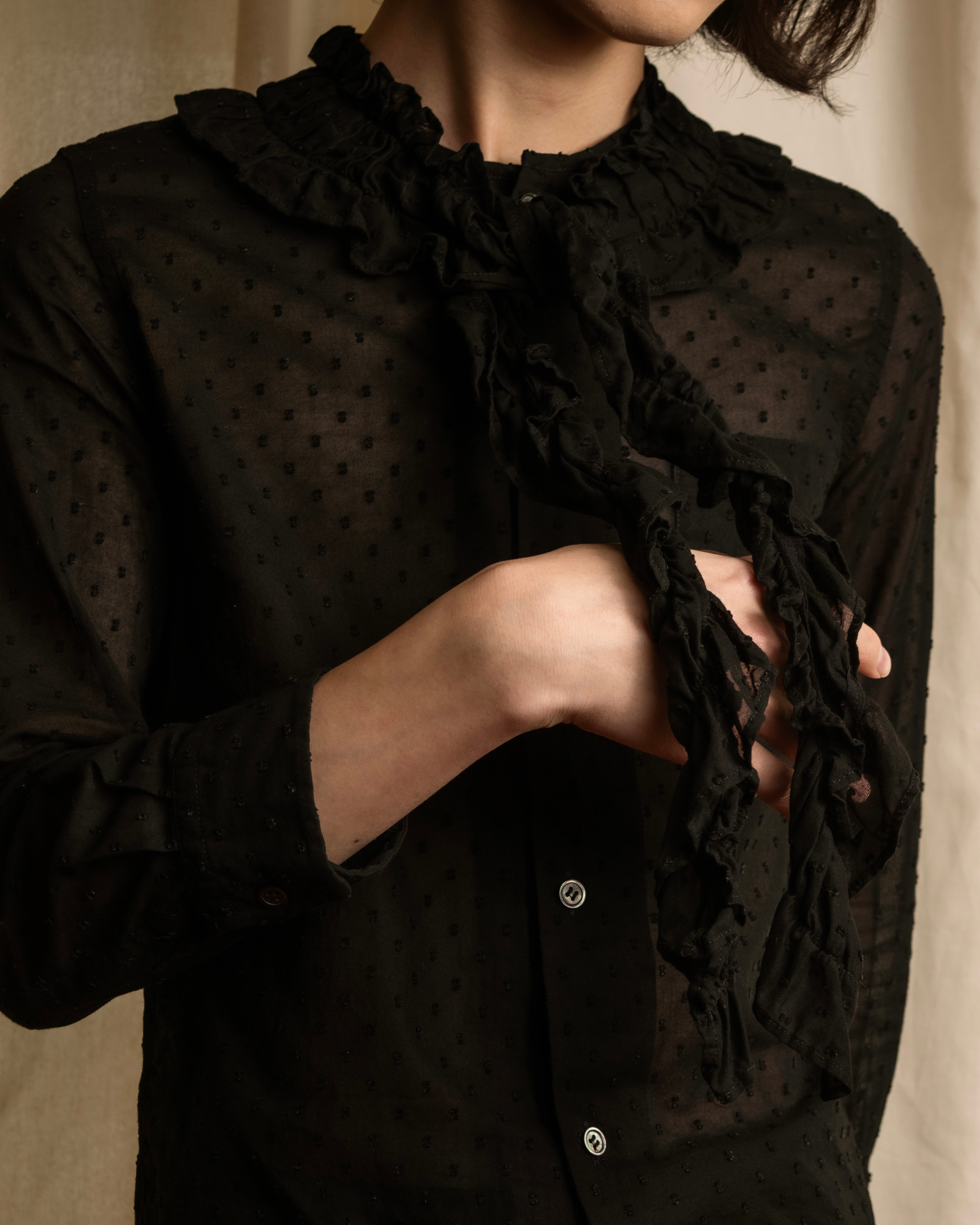 "tricot COMME des GARCONS"  80's Tiered ruffle design, dotted sheer blouse